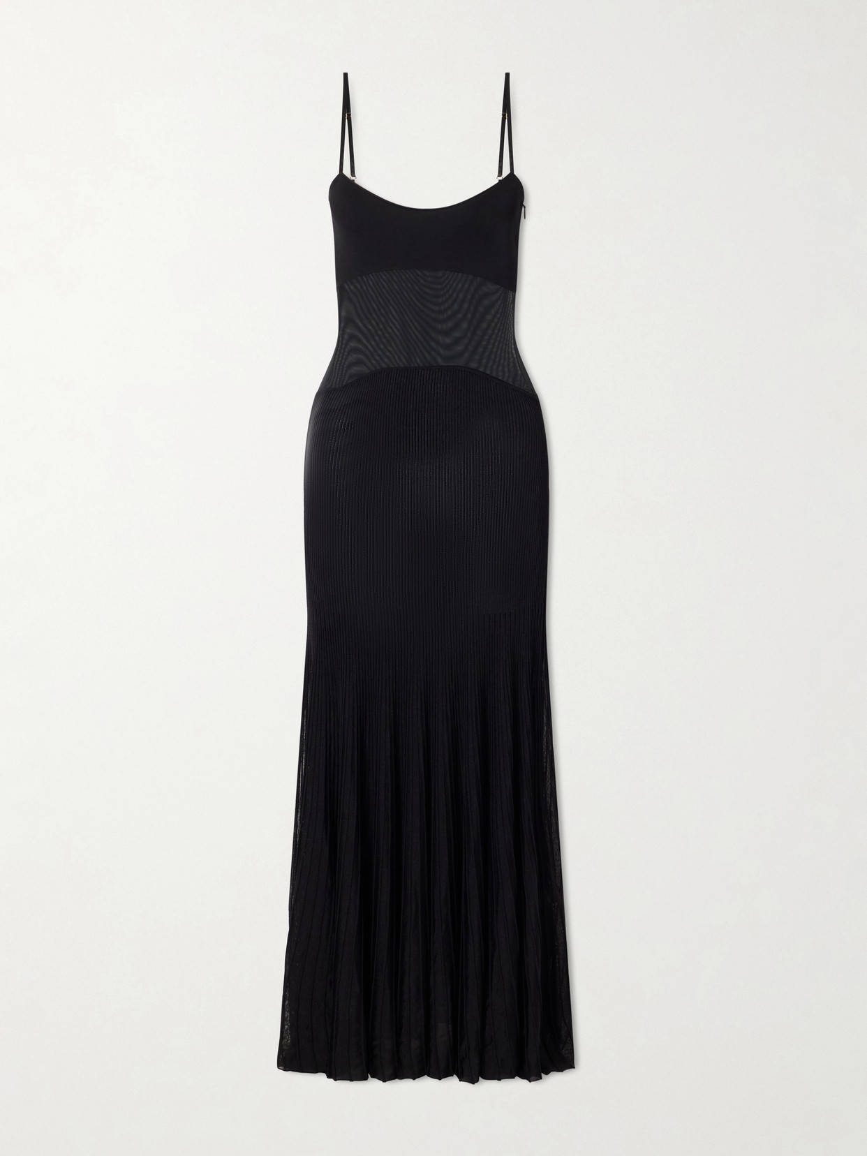 Galvan Belladonna Mesh-trimmed Ribbed-knit Gown In Black