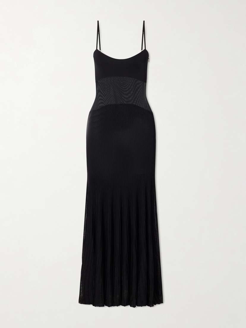Galvan Belladonna Mesh-trimmed Ribbed-knit Gown