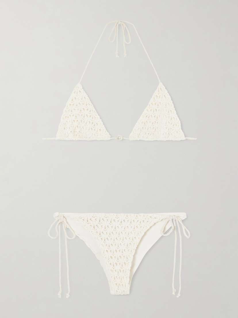 SARA CRISTINA Pearl Crocheted Cotton Triangle Bikini