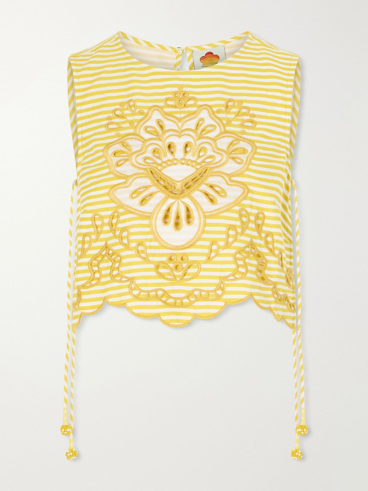 cropped striped broderie anglaise trimmed linen blend tank