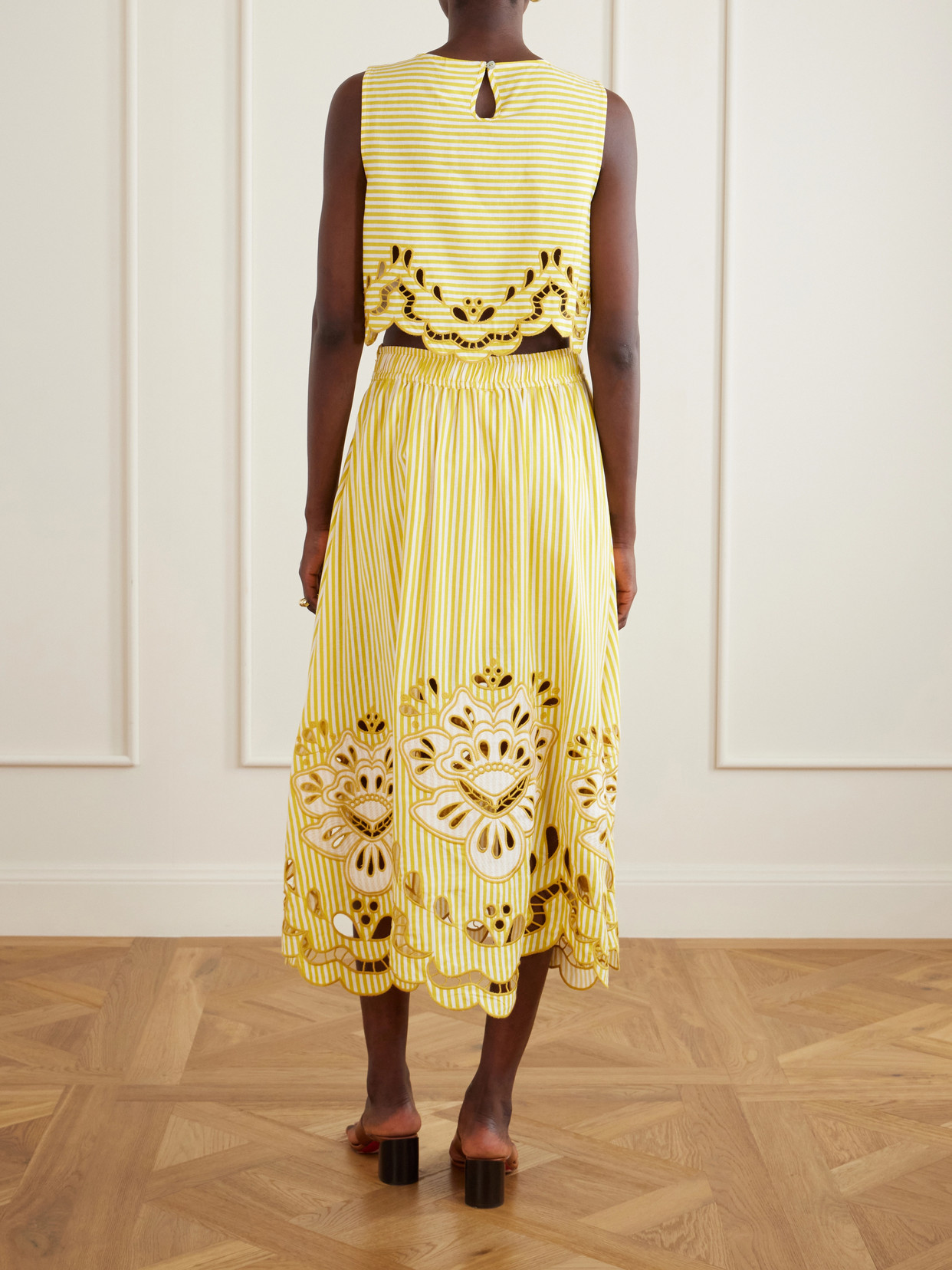 Striped Broderie Anglaise-Trimmed Linen-Blend Midi