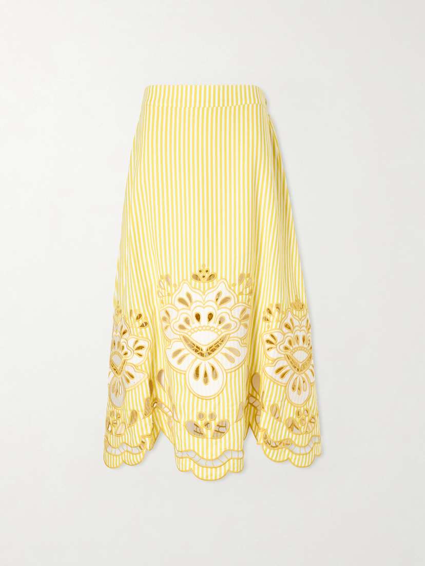 Farm Rio Striped Broderie Anglaise-trimmed Linen-blend Midi Skirt | Thumbnail 5 Farm Rio Striped Broderie Anglaise-trimmed Linen-blend Midi Skirt | Thumbnail 5