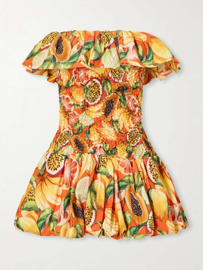 Farm Rio Strapless Ruffled Printed Shirred Cotton Mini Dress