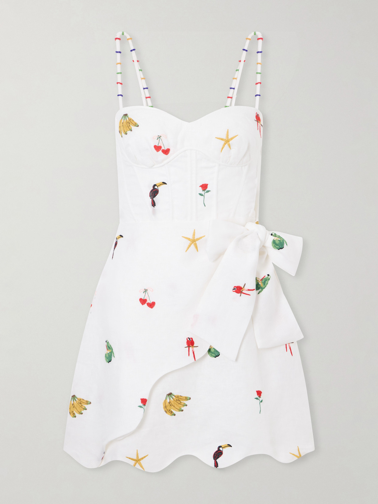 Farm Rio Cool Day Scalloped Embroidered Linen Mini Dress In White