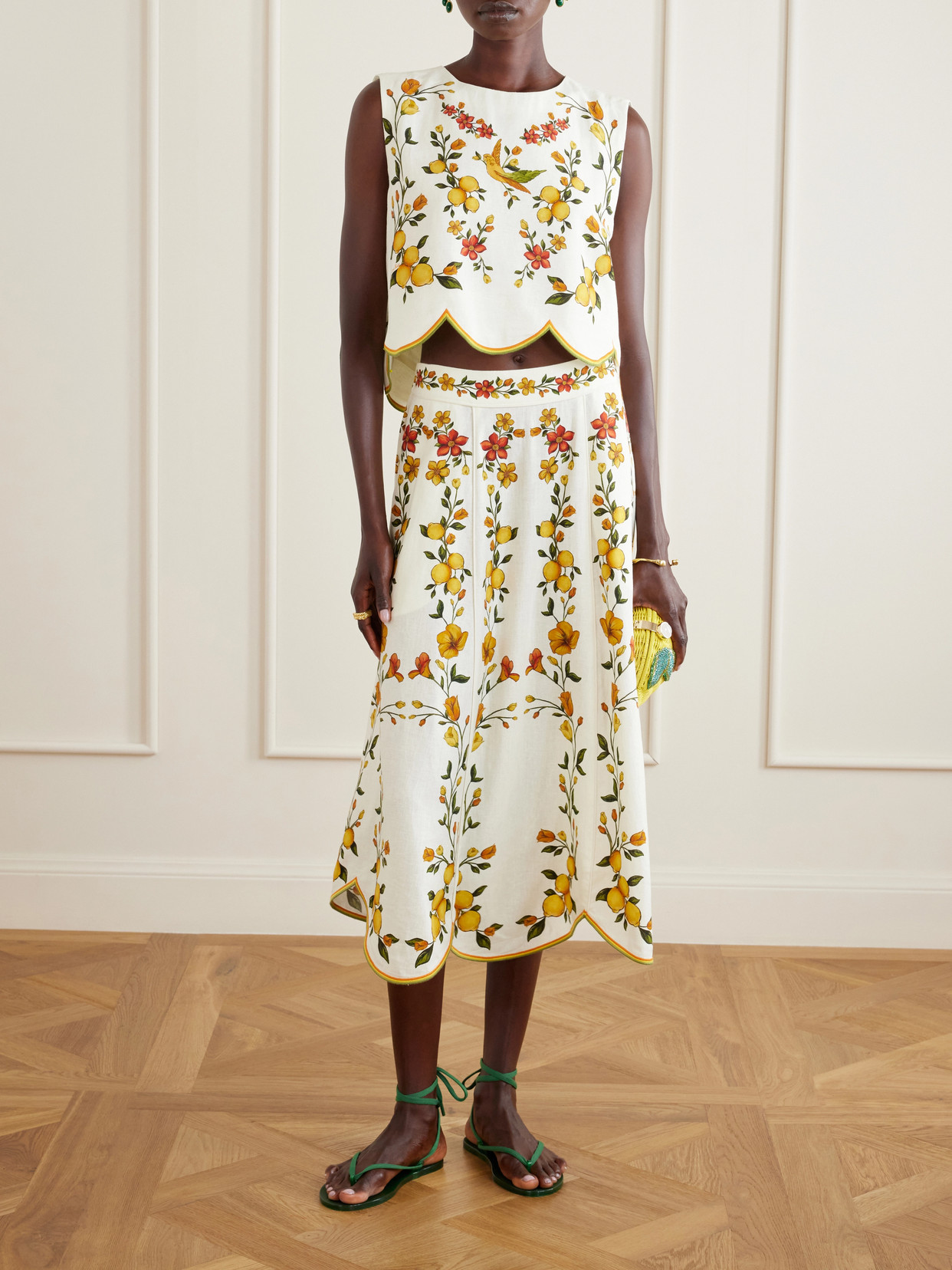 Lemon Bouquet Printed Linen-Blend Midi
