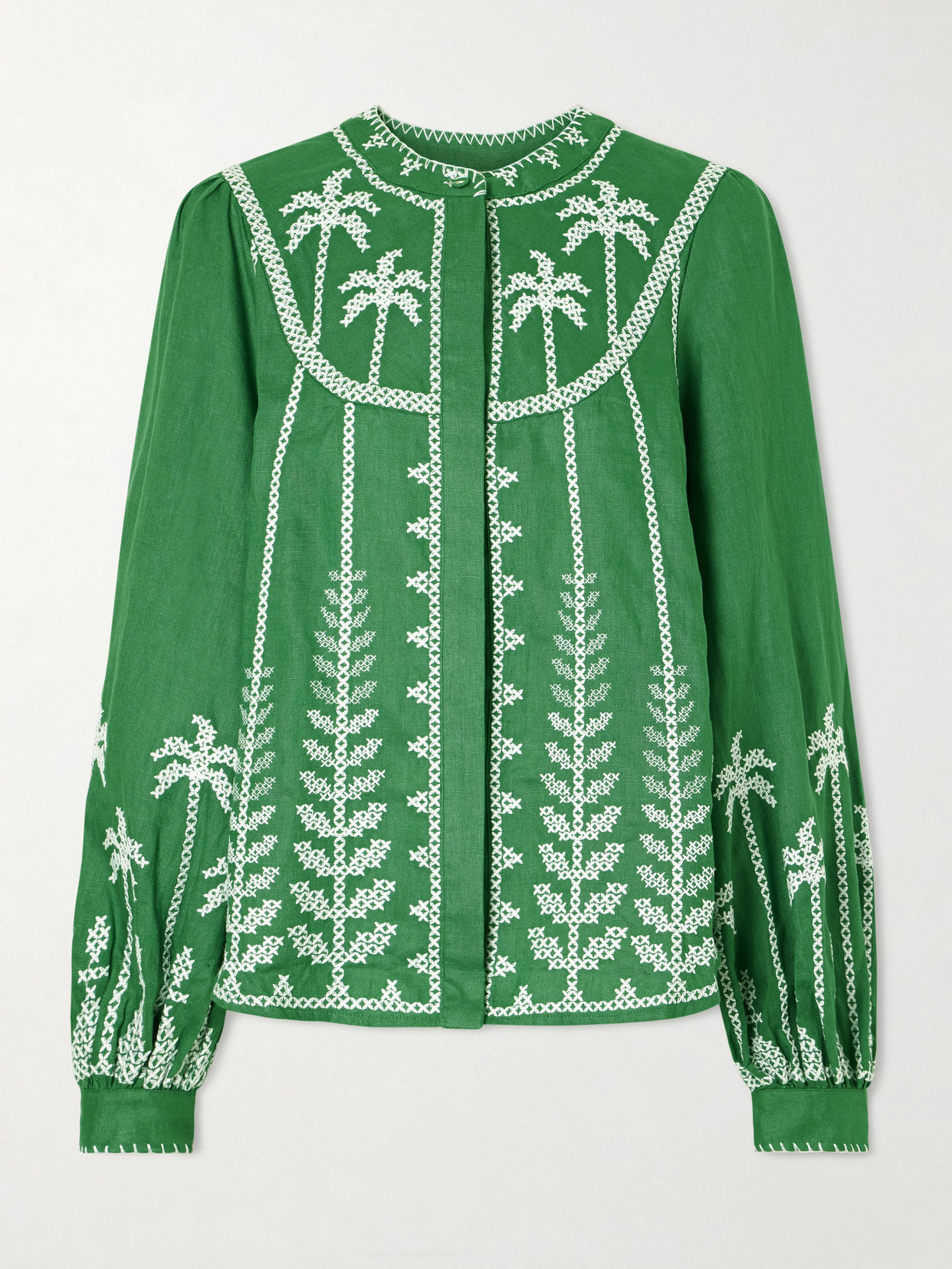 Farm Rio Embroidered Linen Blouse In Green
