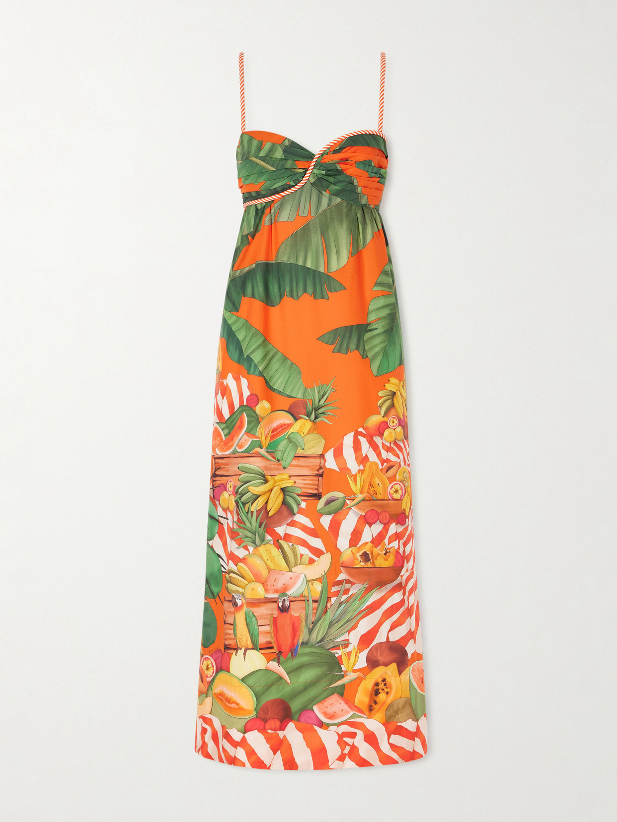 Farm Rio Fruit Trolley Printed Cotton Midi Dress In Brown