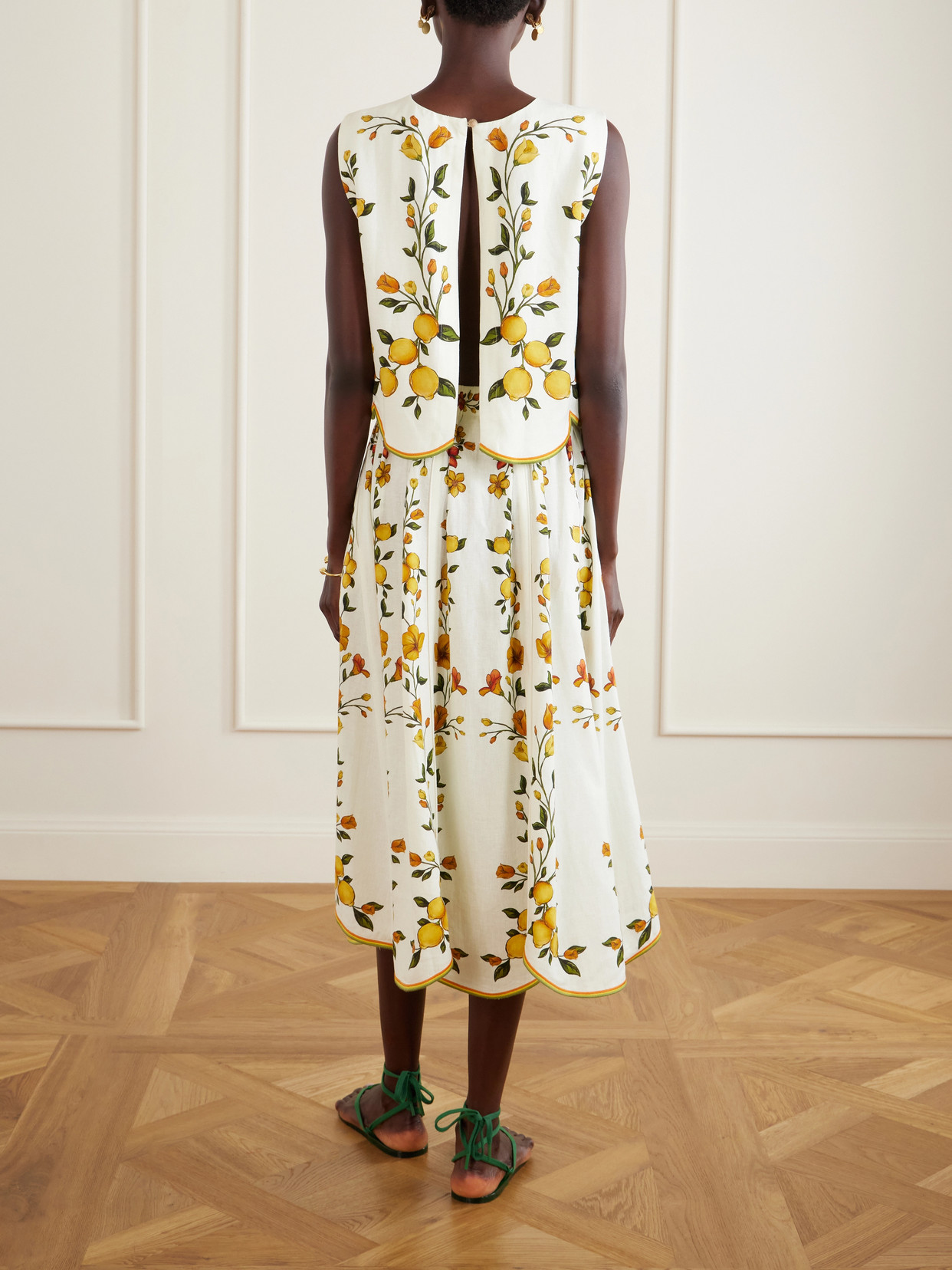 Lemon Bouquet Embroidered Linen-Blend Blouse