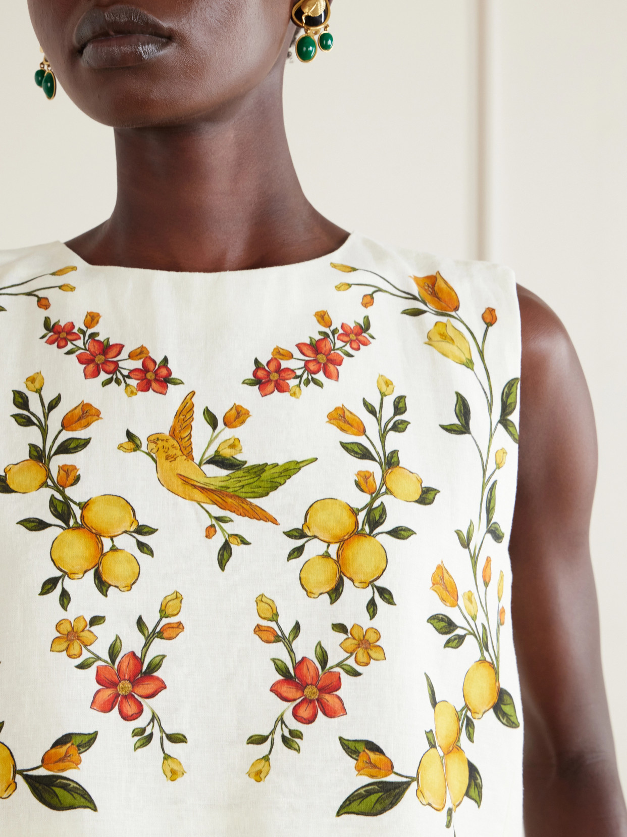 Lemon Bouquet Embroidered Linen-Blend Blouse