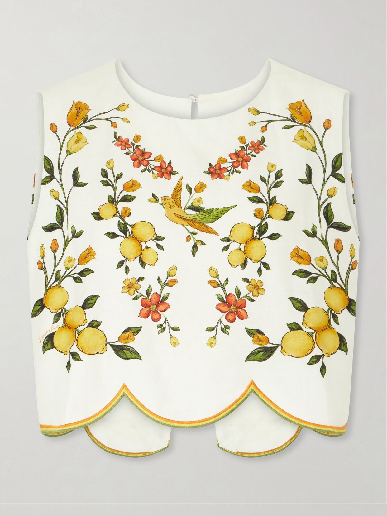 Lemon Bouquet Embroidered Linen Blend Blouse