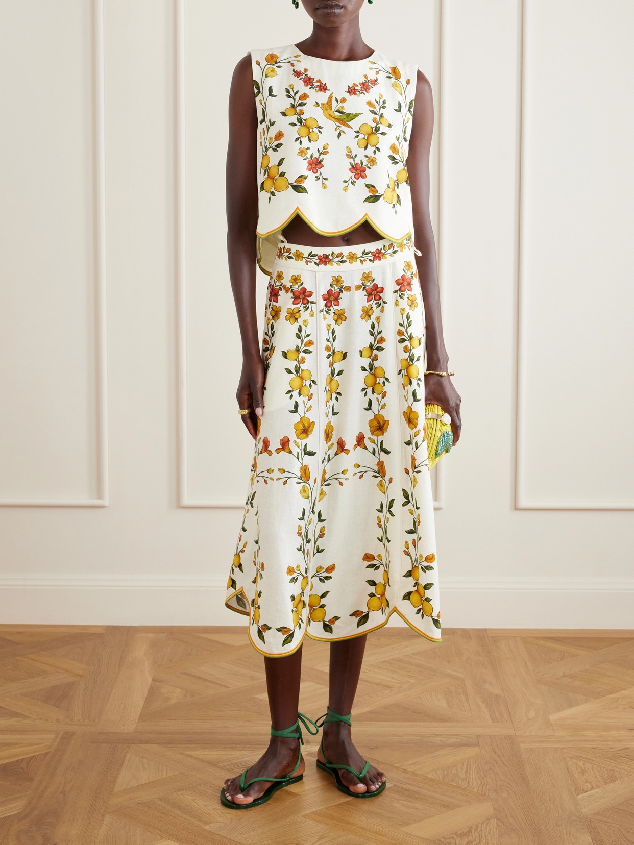 Lemon Bouquet Embroidered Linen-Blend Blouse