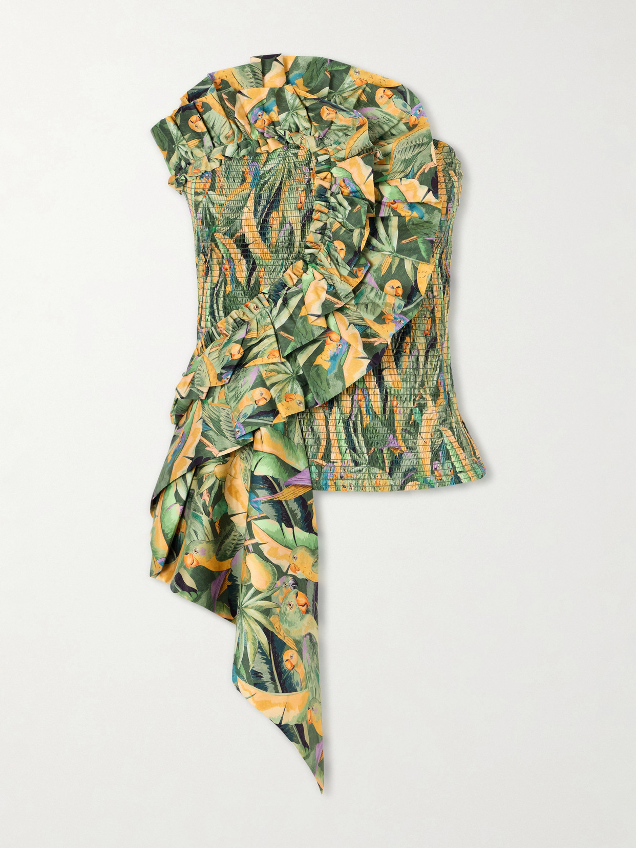 Farm Rio Strapless Ruched Cotton Tank In Green