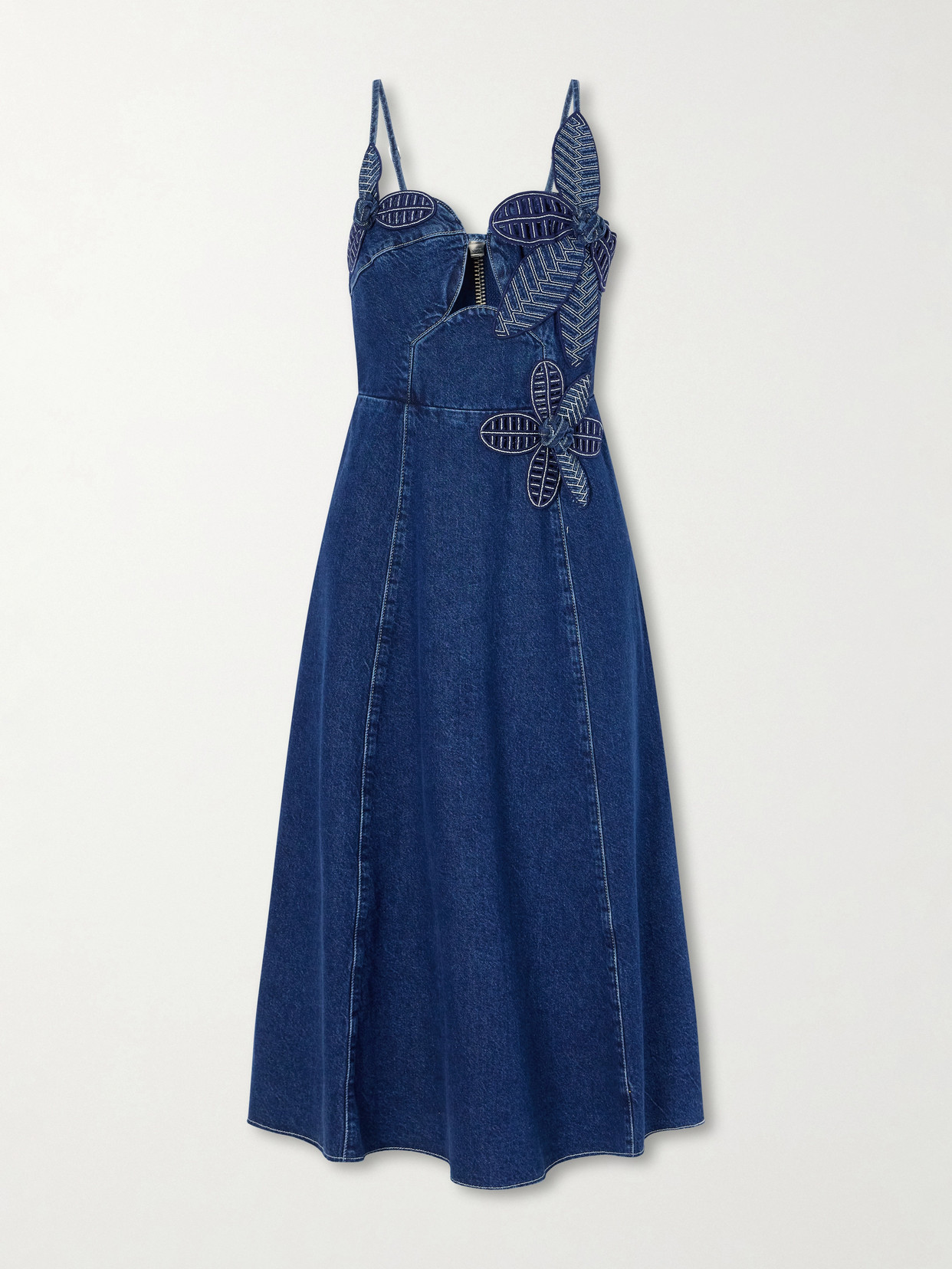 Farm Rio Floral-appliquéd Denim Midi Dress In Blue