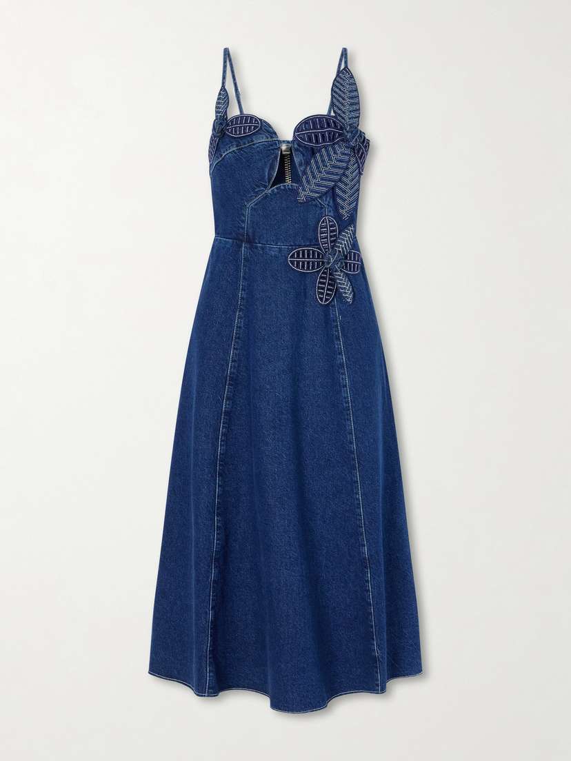 Farm Rio Floral-appliquéd Denim Midi Dress | Thumbnail 5