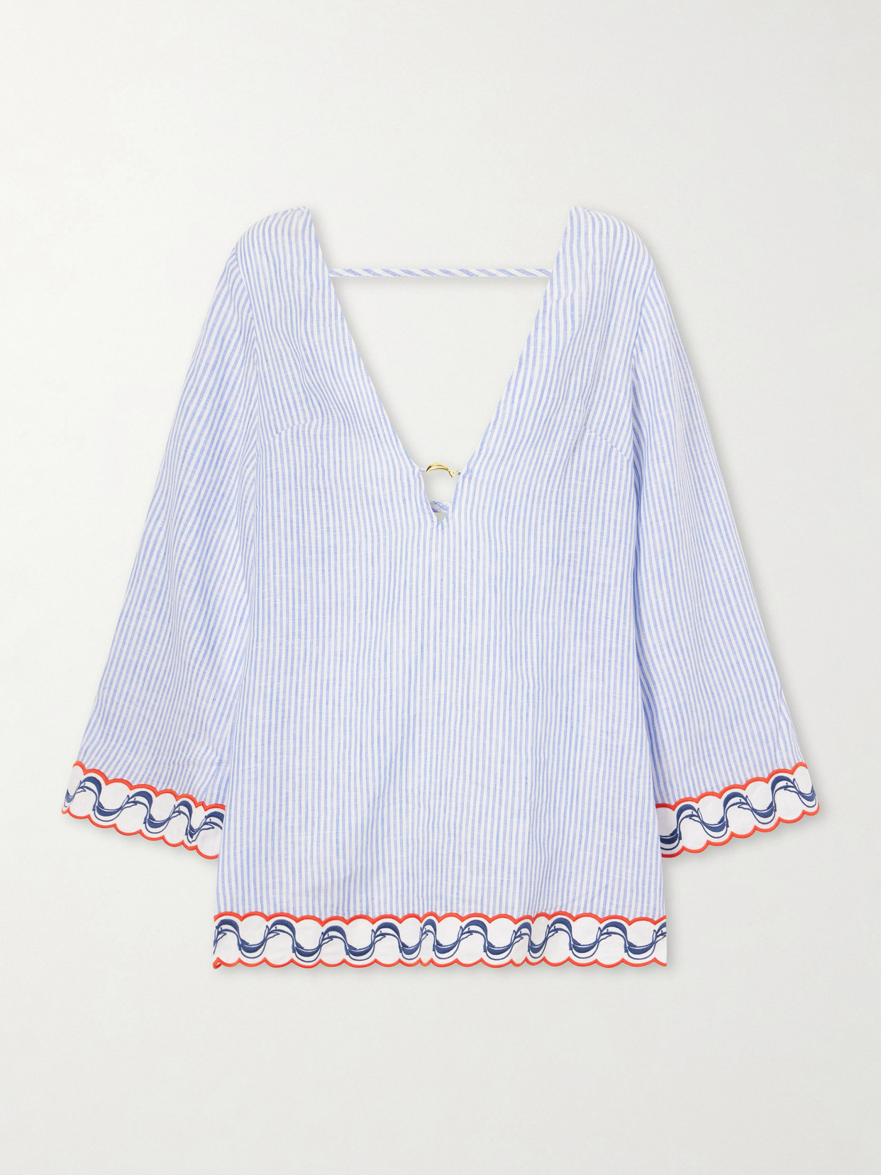 Farm Rio Embroidered Striped Linen Coverup In White