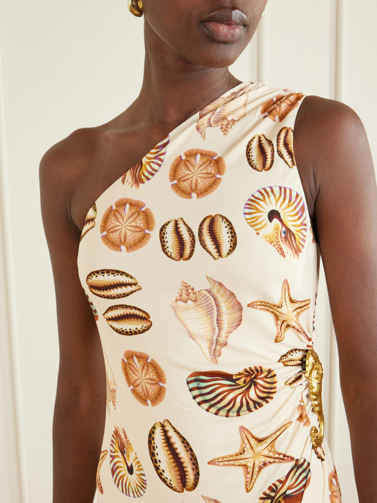 Embellished Gathered One-Shoulder Printed Woven Midi Dress