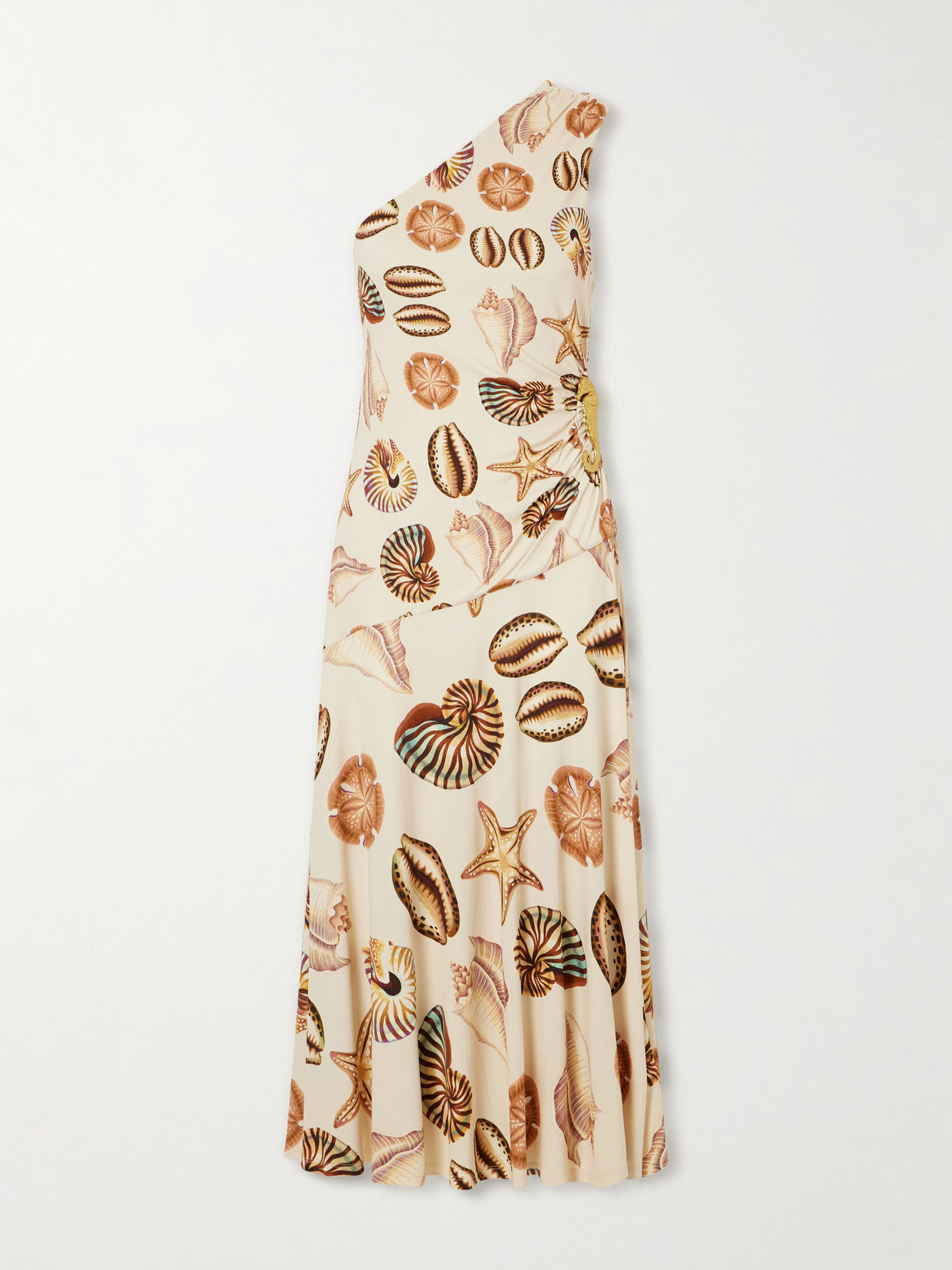 Embellished Gathered One-Shoulder Printed Woven Midi Dress