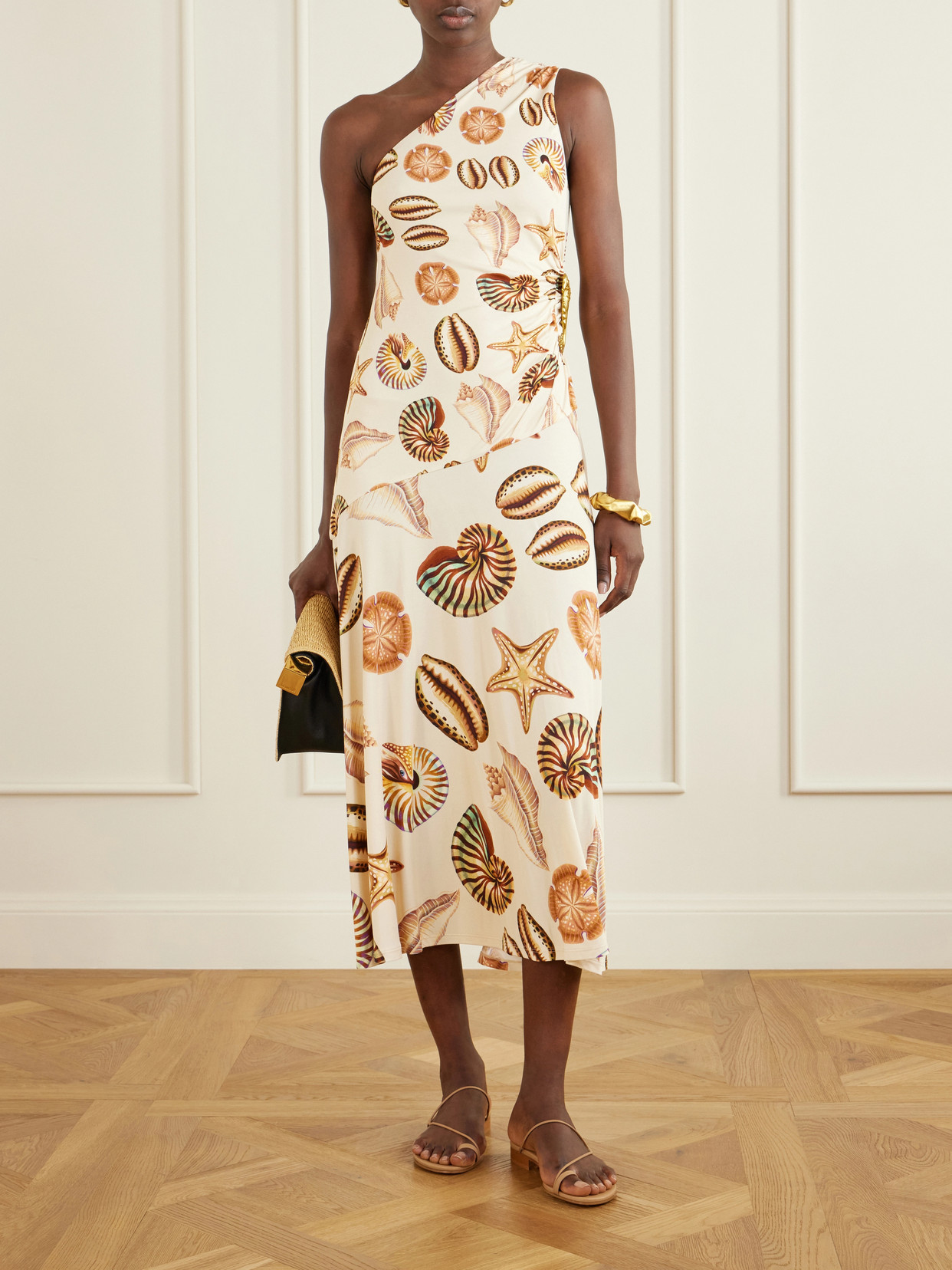 Embellished Gathered One-Shoulder Printed Woven Midi Dress