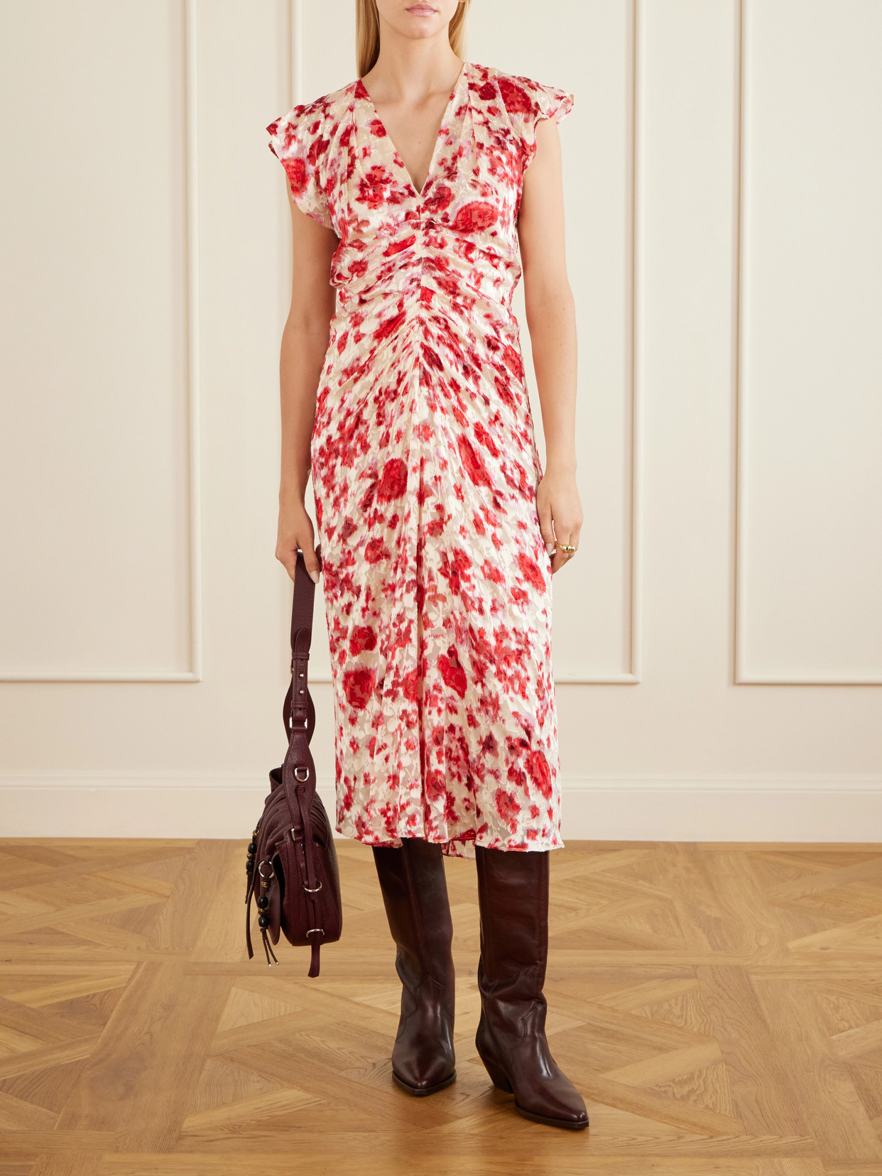 Isabel Marant Lindsay Floral Ruched Jacquard Midi Dress In Red