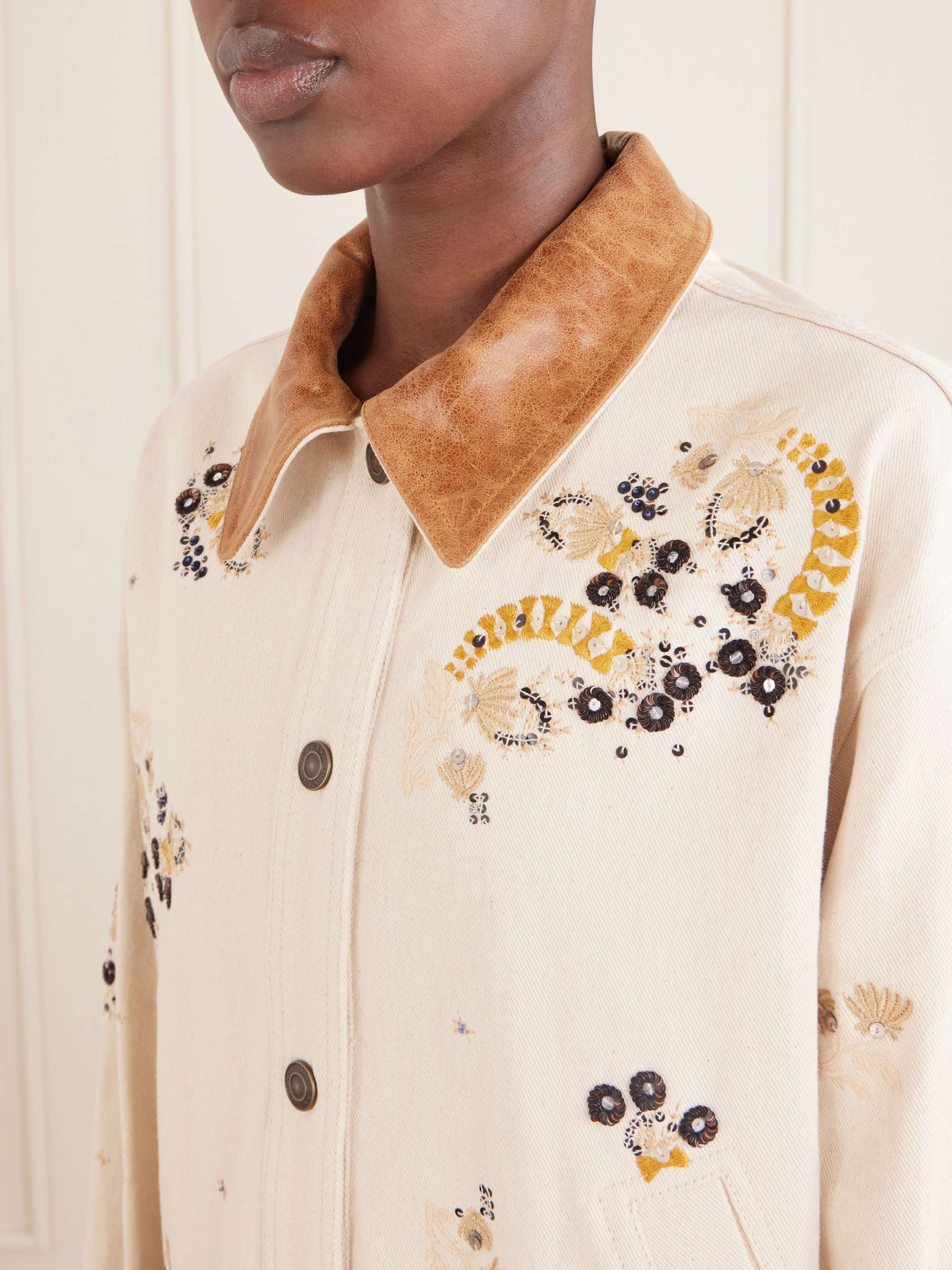 ISABEL MARANT Lavine embroidered leather-trimmed cotton jacket