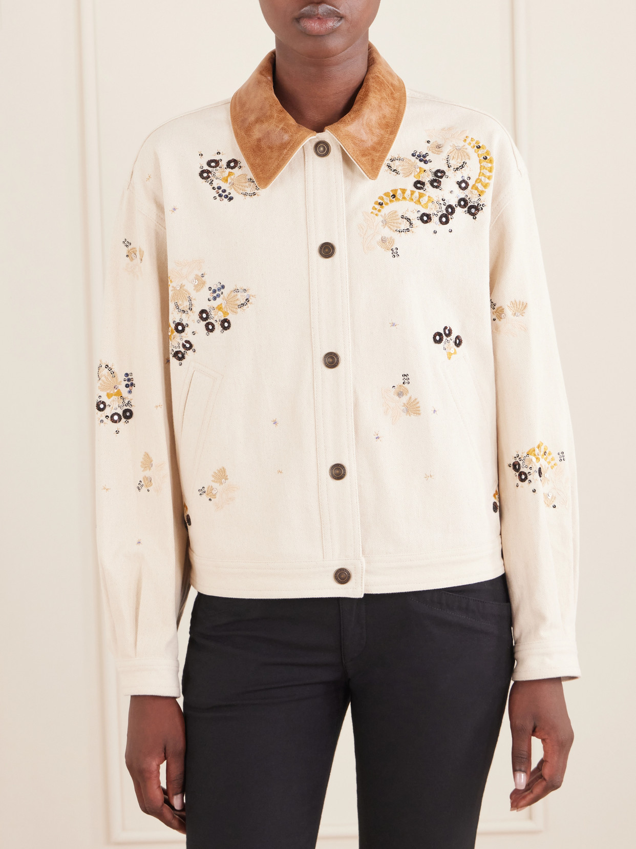 Lavine Embroidered Leather-Trimmed Cotton Jacket