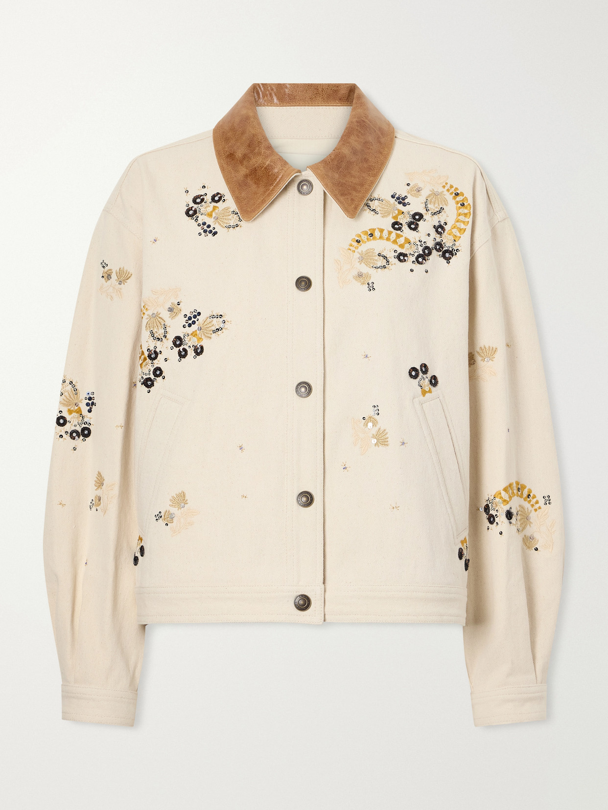 Isabel Marant Lavine Embroidered Leather-trimmed Cotton Jacket In Neutrals