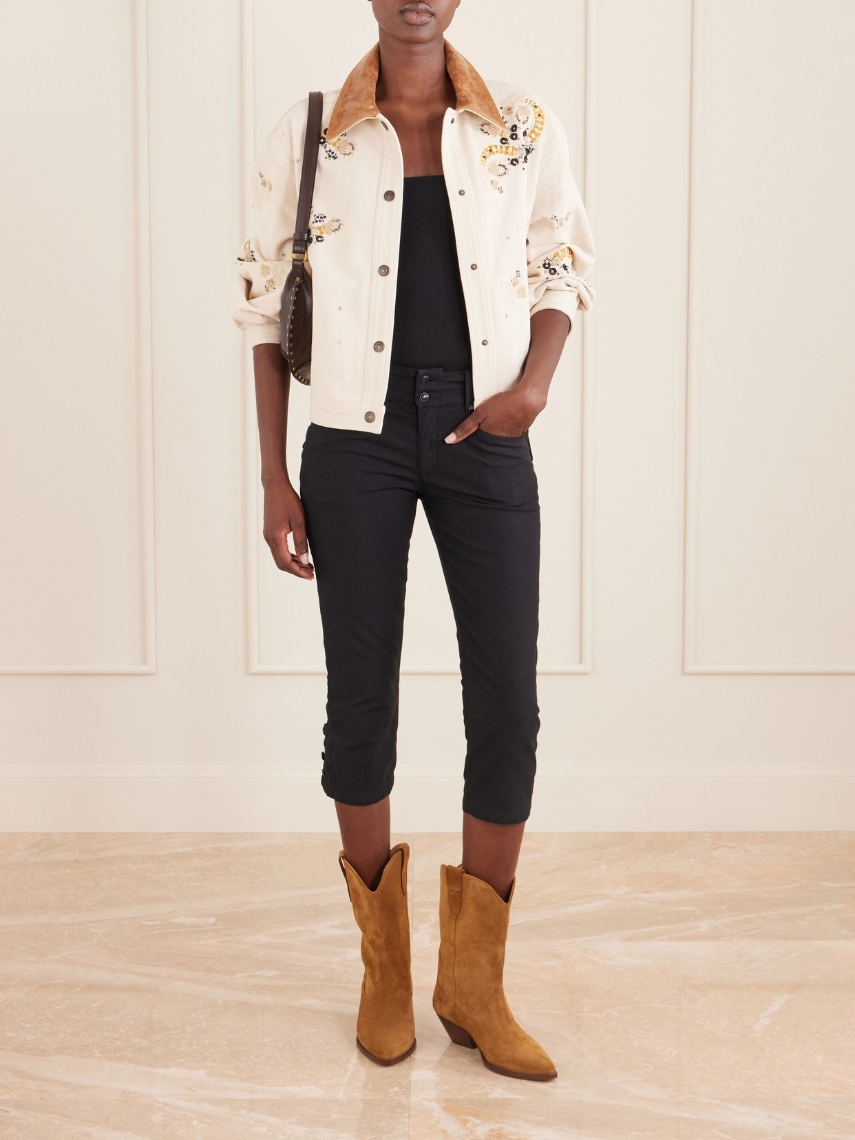 Lavine Embroidered Leather-Trimmed Cotton Jacket