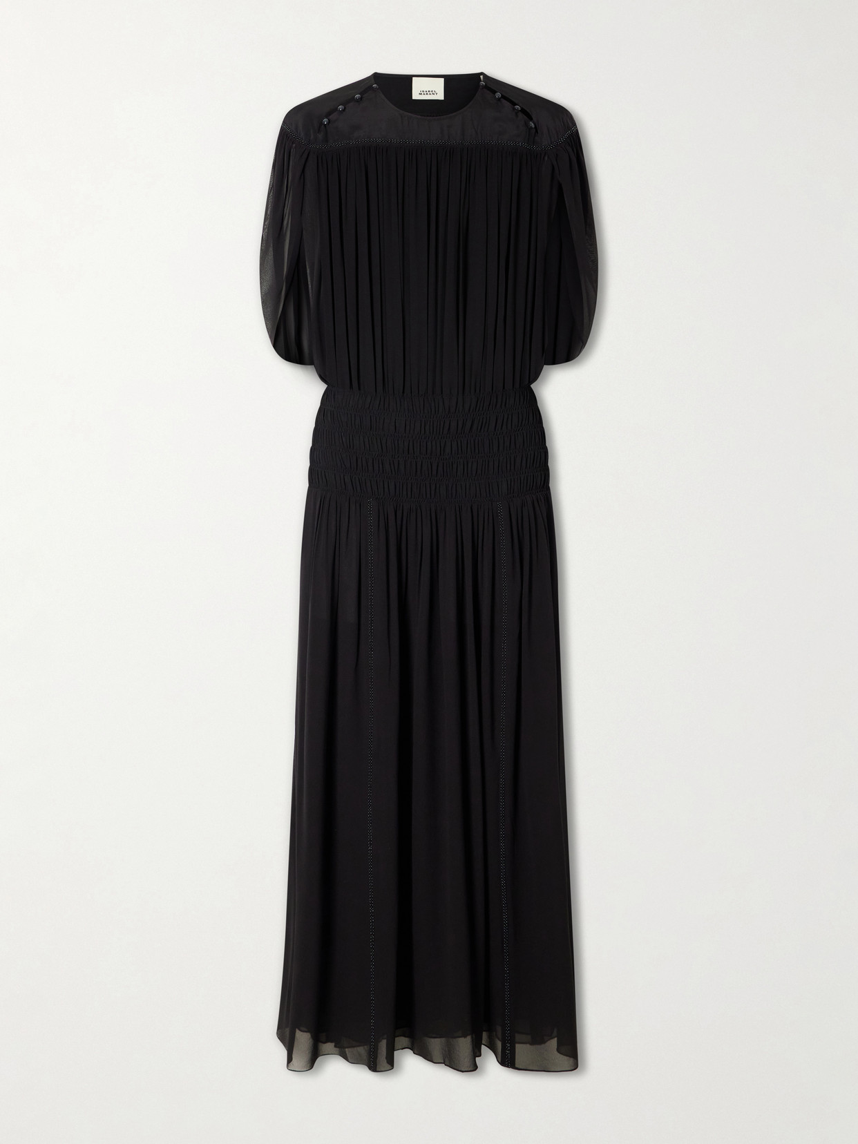 Isabel Marant Nesrine Bead-embellished Pleated Smocked Silk Maxi Dress In Black