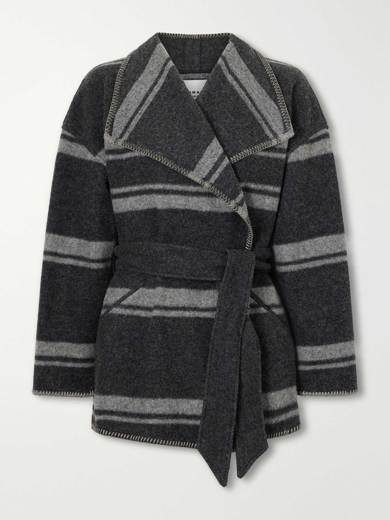 Isabel Marant Étoile Brea Belted Striped Brushed Coat In Gray