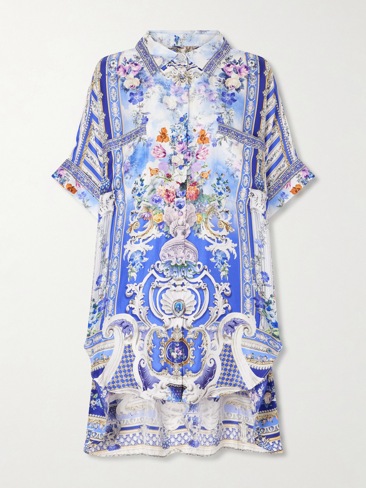 Camilla Oversized Printed Silk Shirt In Blue