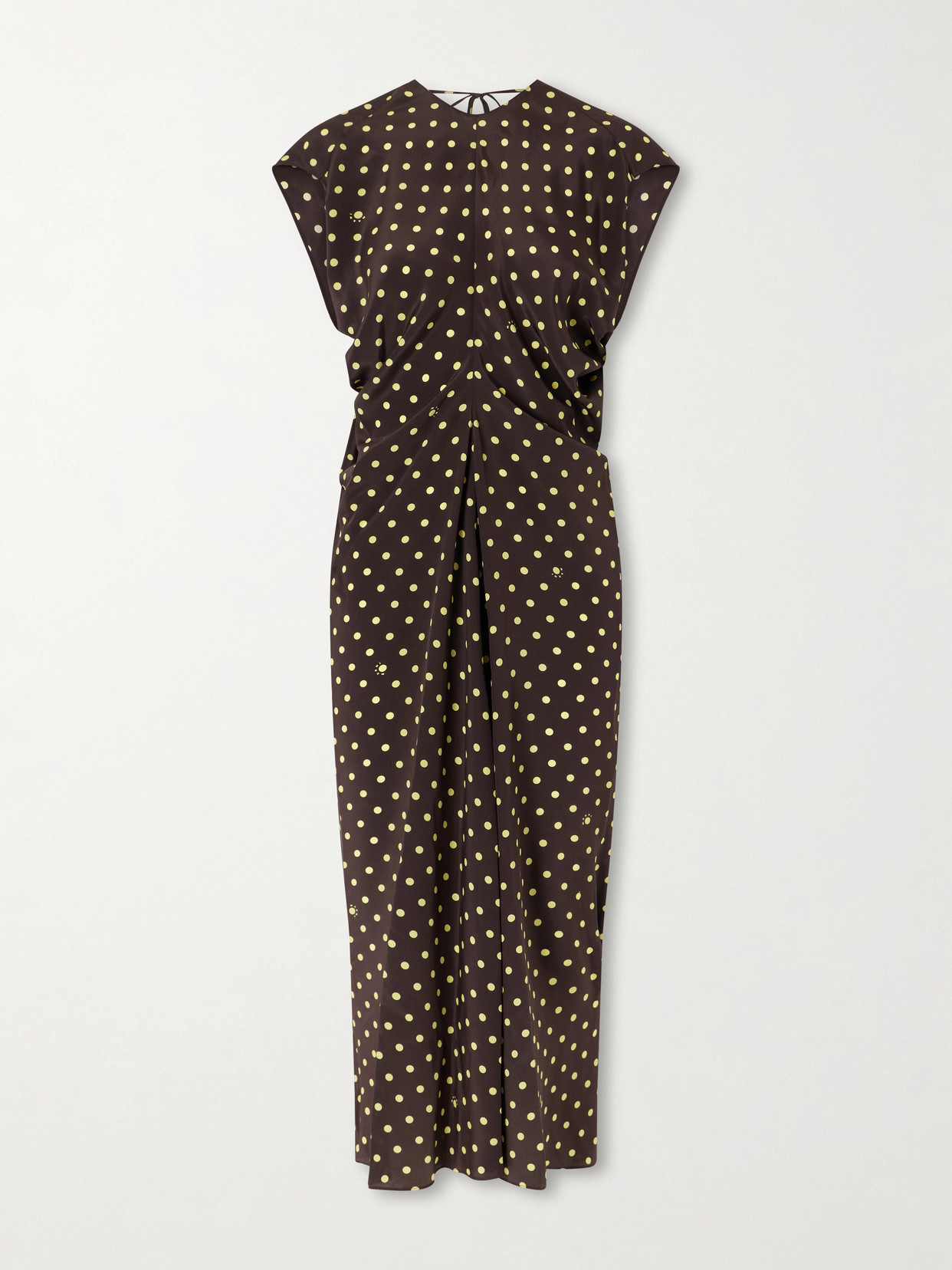 Marni Ruched Polka-dot Silk-blend Midi Dress In Brown