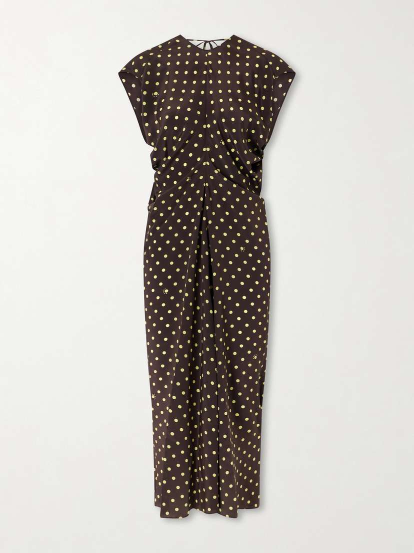 Marni Ruched Polka-dot Silk-blend Midi Dress