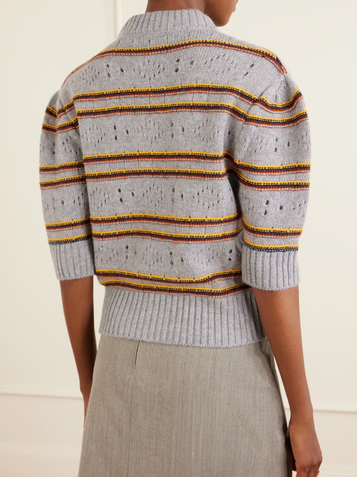 Cropped Striped Open-Knit Cashmere Sweater