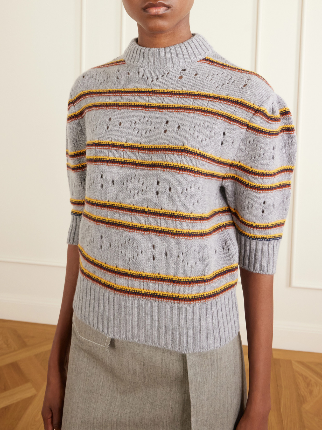 Cropped Striped Open-Knit Cashmere Sweater