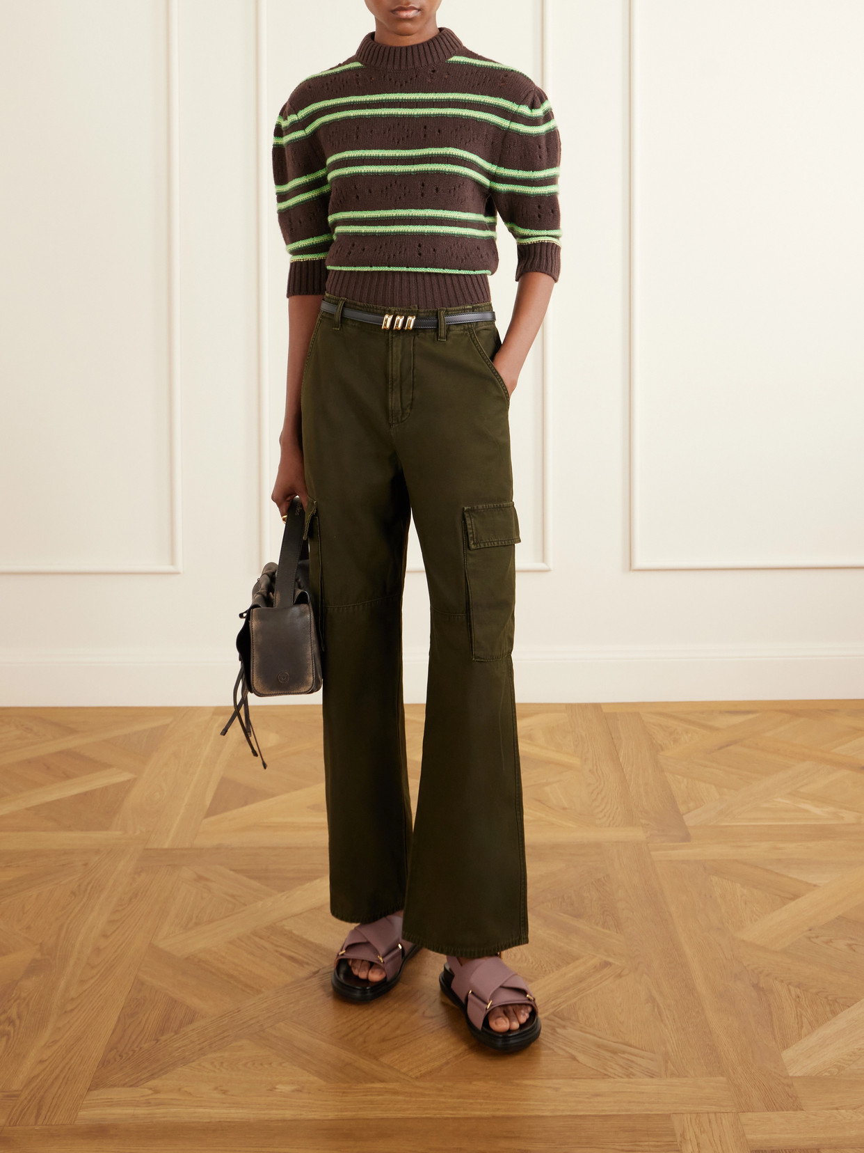 Cropped Striped Open-Knit Cashmere Sweater