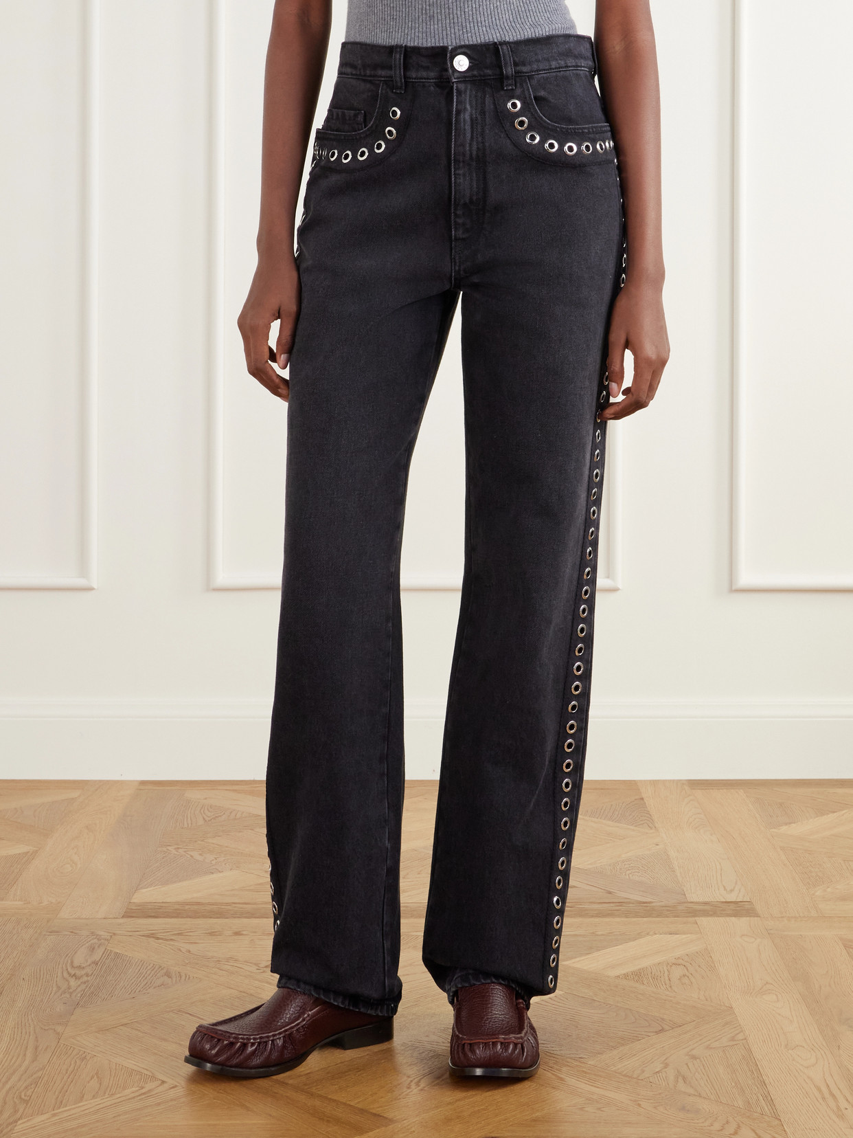 Embellished Mid-Rise Straight-Leg Jeans