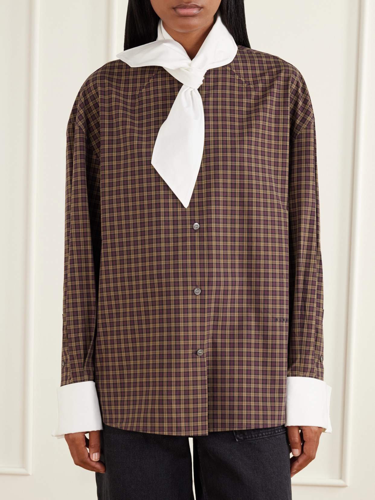 Scarf-Detailed Checked Cotton-Poplin Shirt
