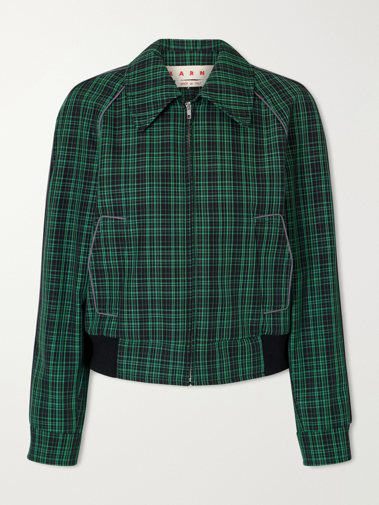 Marni Cropped Checked Wool And Cotton-blend Twill Jacket In Green