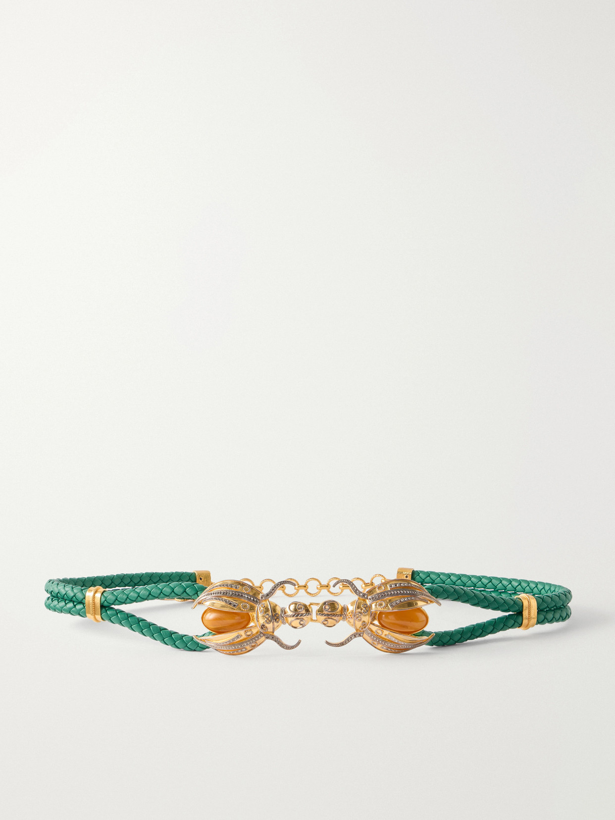 Sonia Petroff Scarab Gold-tone And Woven Leather Belt In Green