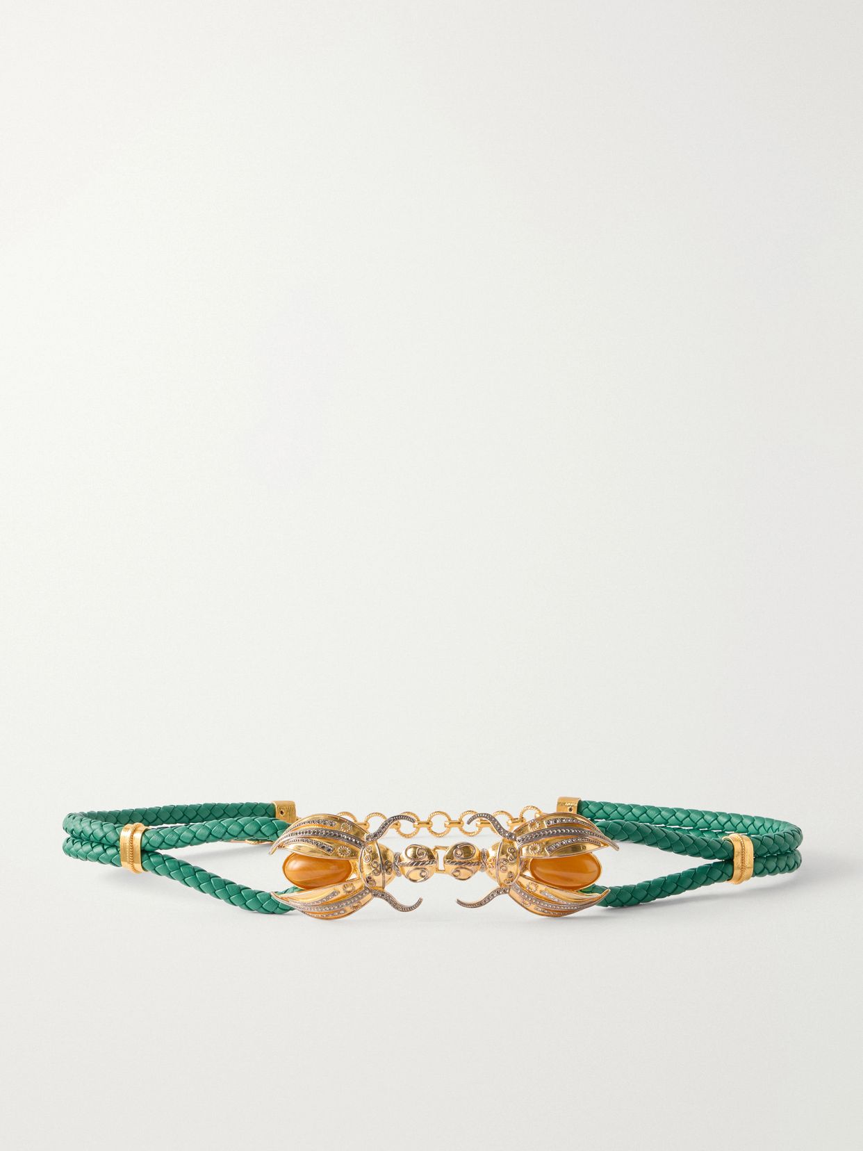 scarab gold tone and woven leather belt