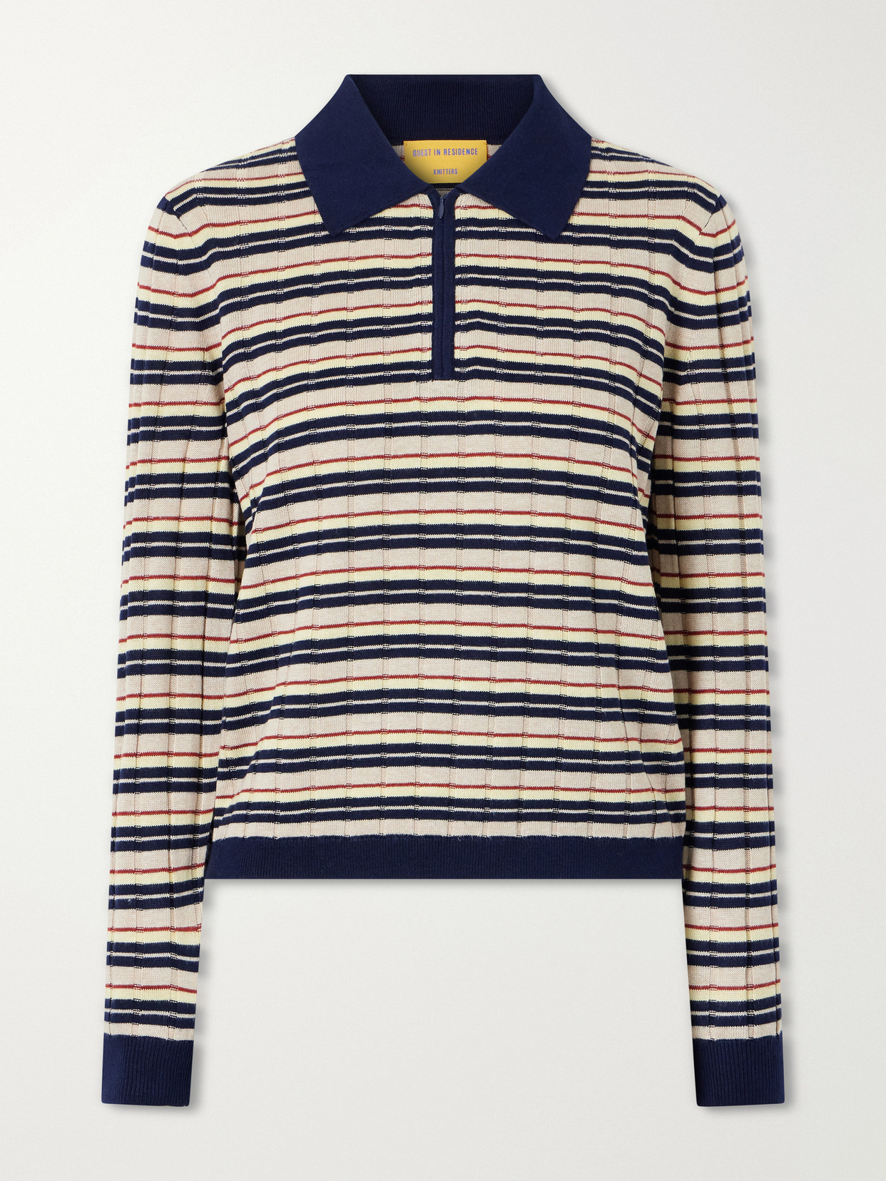 Guest In Residence Striped Silk And Linen-blend Polo Shirt In Blue