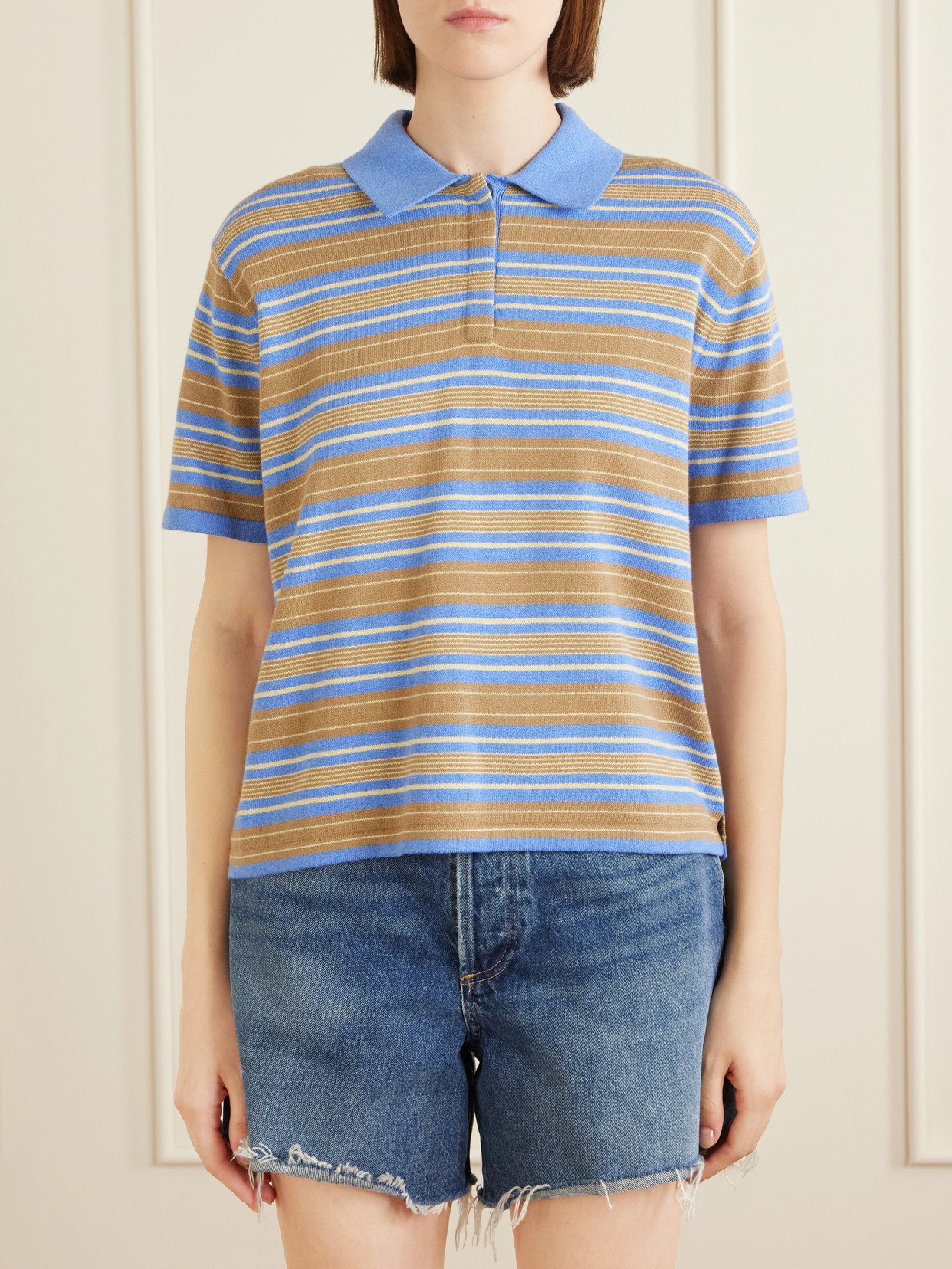 Striped Cotton And Cashmere-Blend Polo T-Shirt