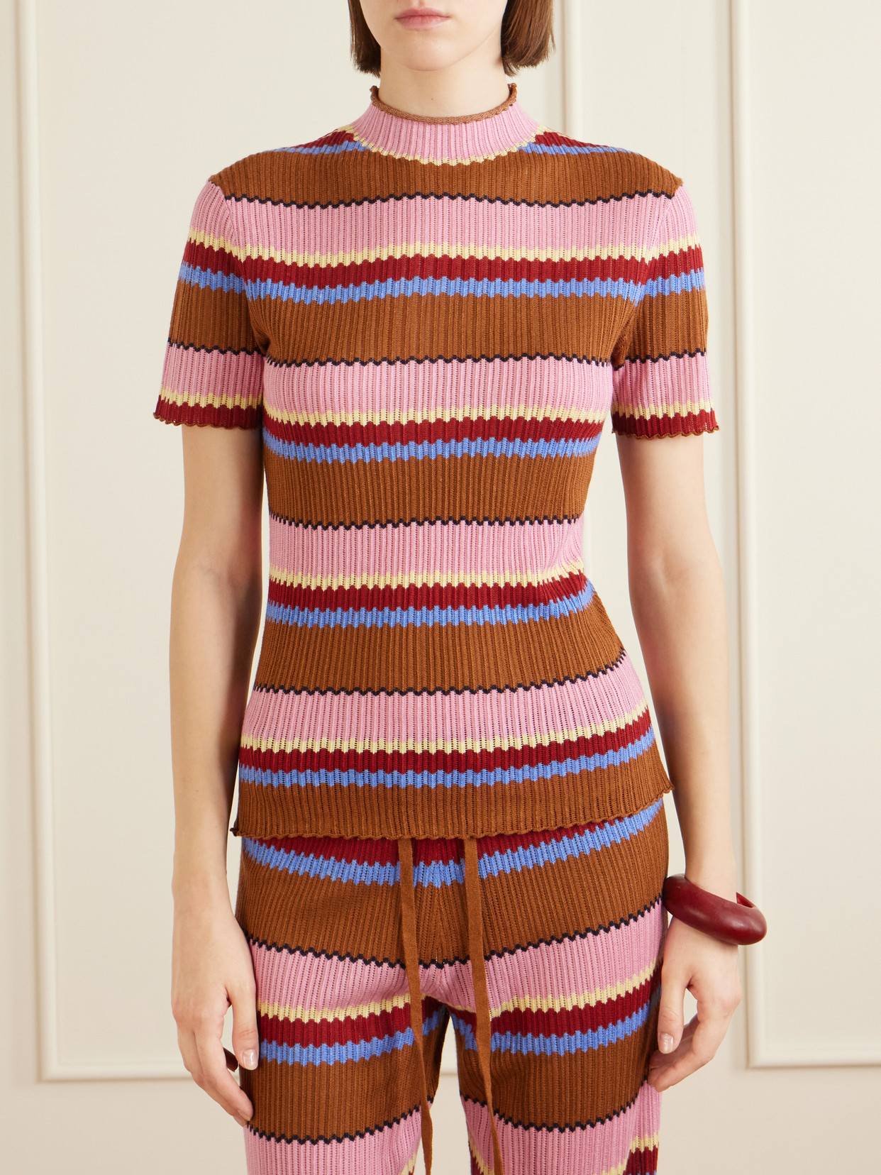 Palazzo Striped Ribbed Silk And Linen-Blend Top