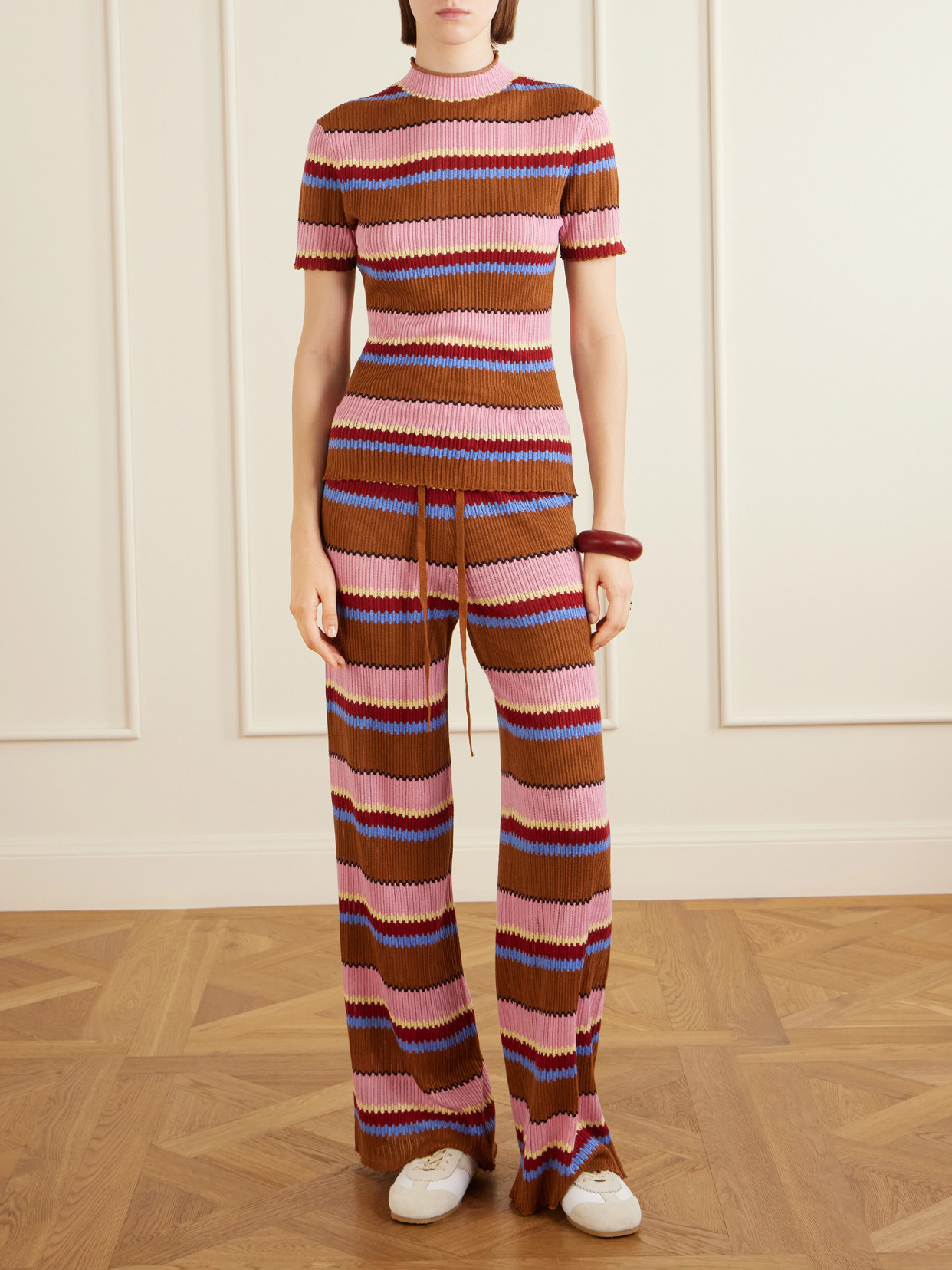 Palazzo Striped Ribbed Silk And Linen-Blend Top
