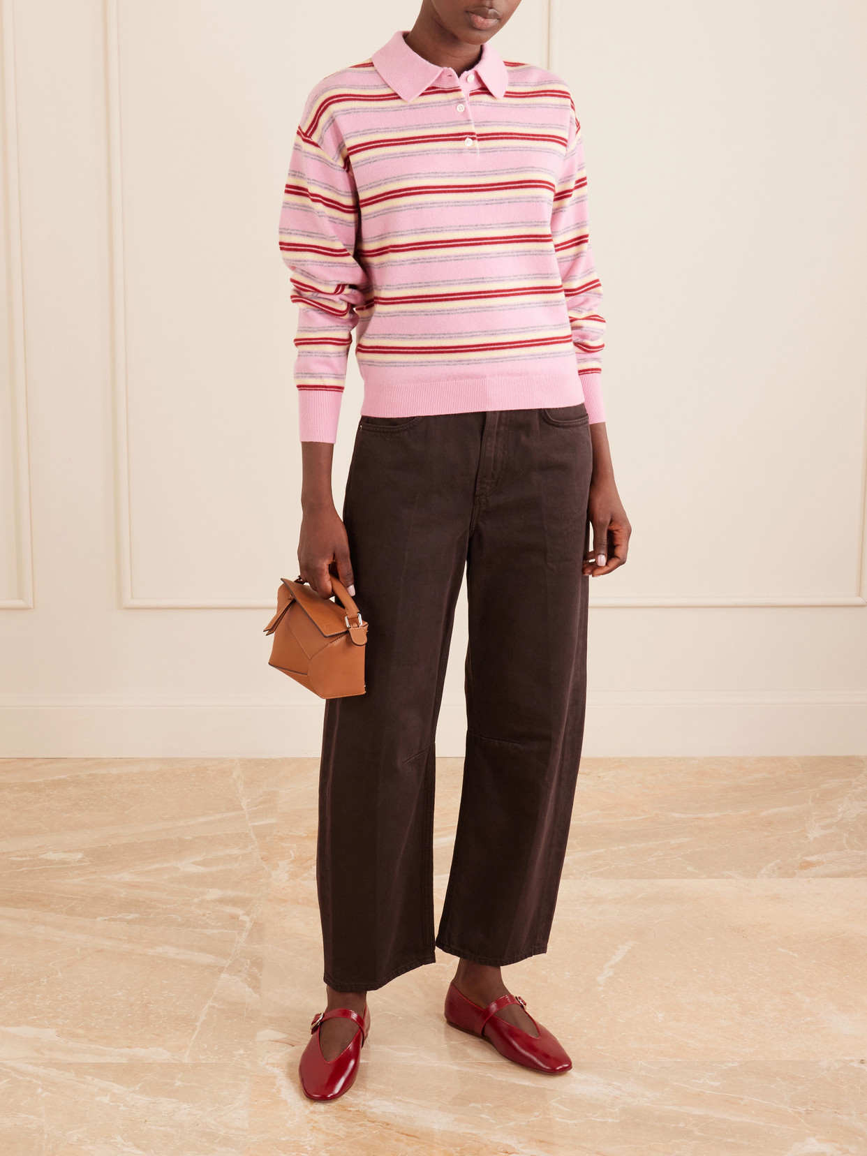 Guest In Residence Pink Striped Cashmere Knit Collegiate Stripe Polo Shirt In Multi