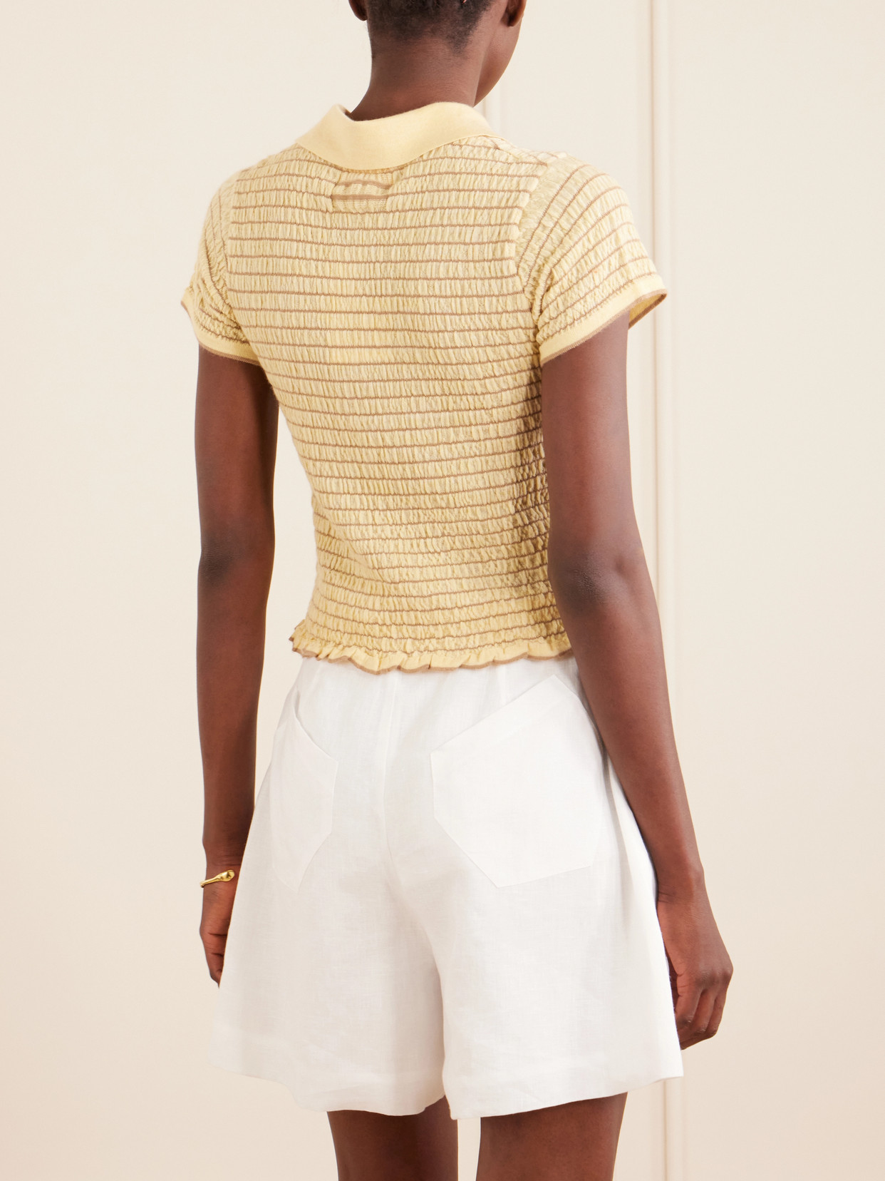 Smocked Ruffled Striped Cashmere-Blend Polo Sweater