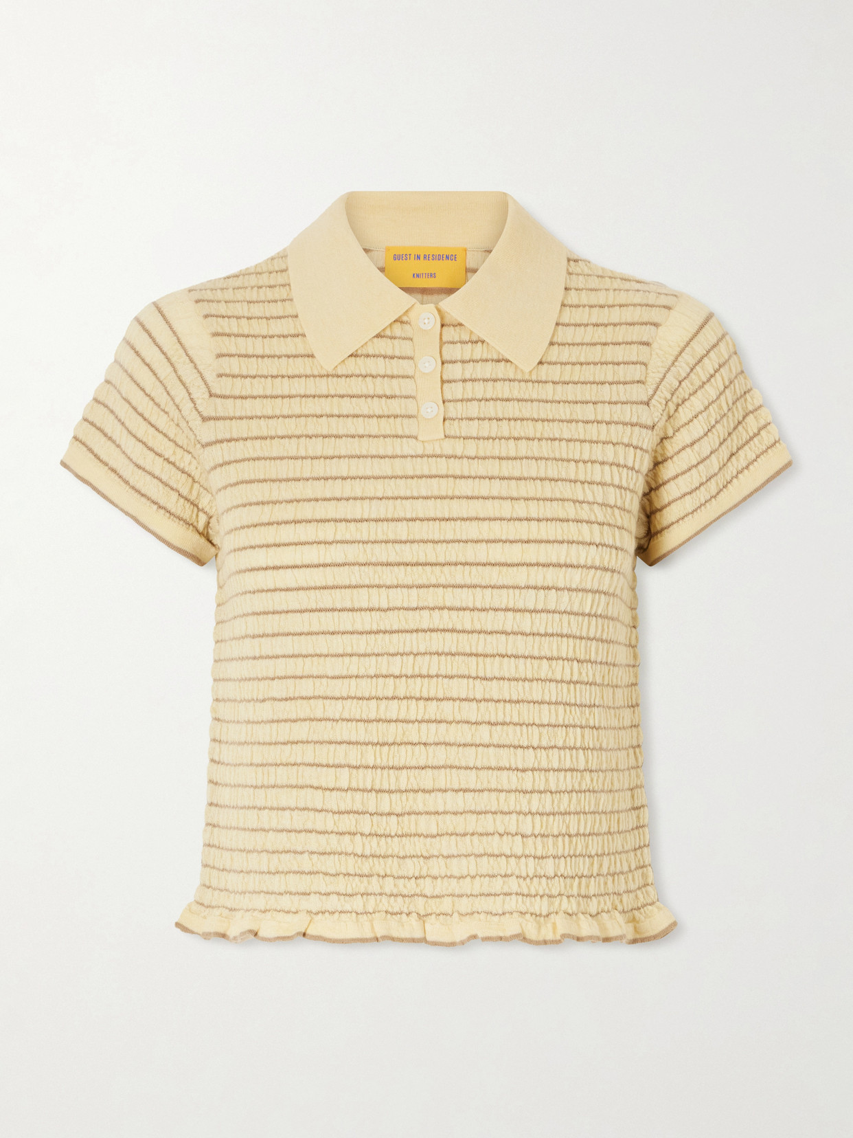 Smocked Ruffled Striped Cashmere-Blend Polo Sweater