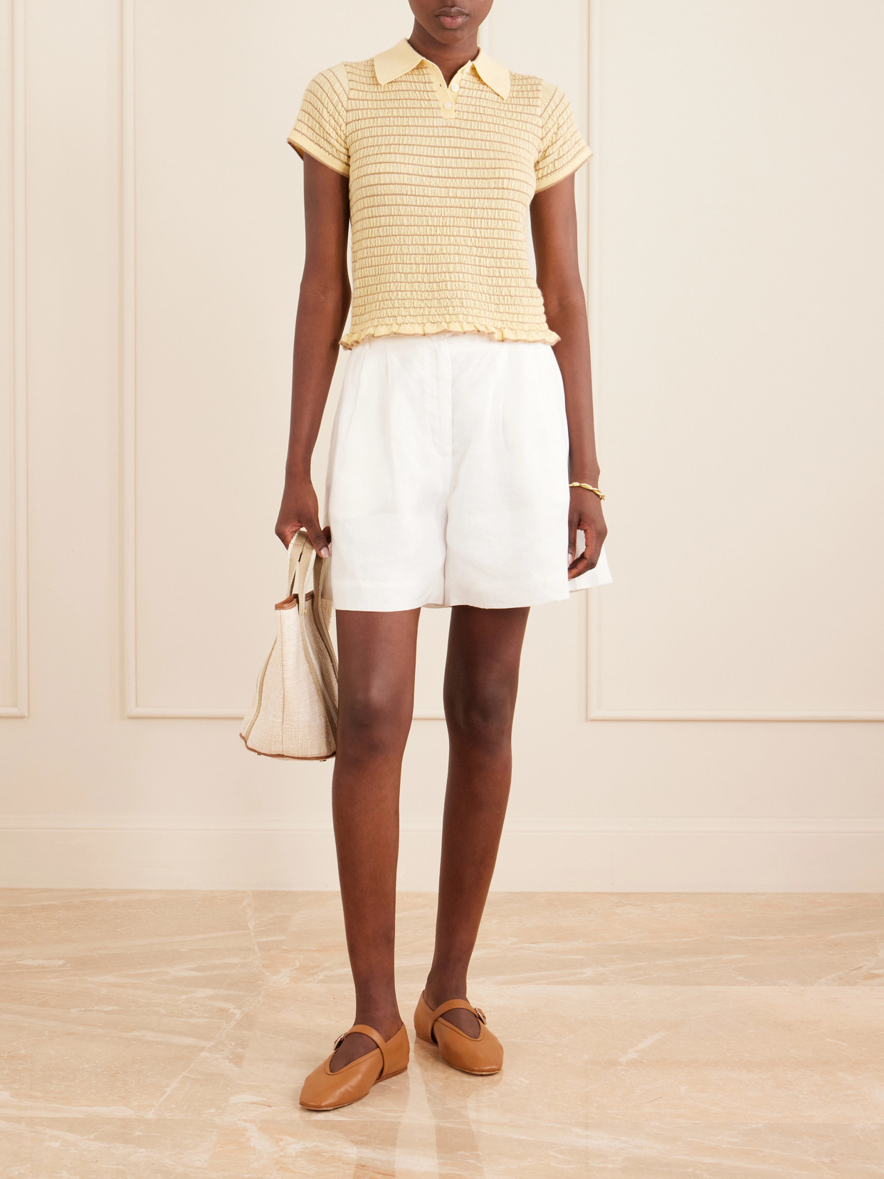 Smocked Ruffled Striped Cashmere-Blend Polo Sweater
