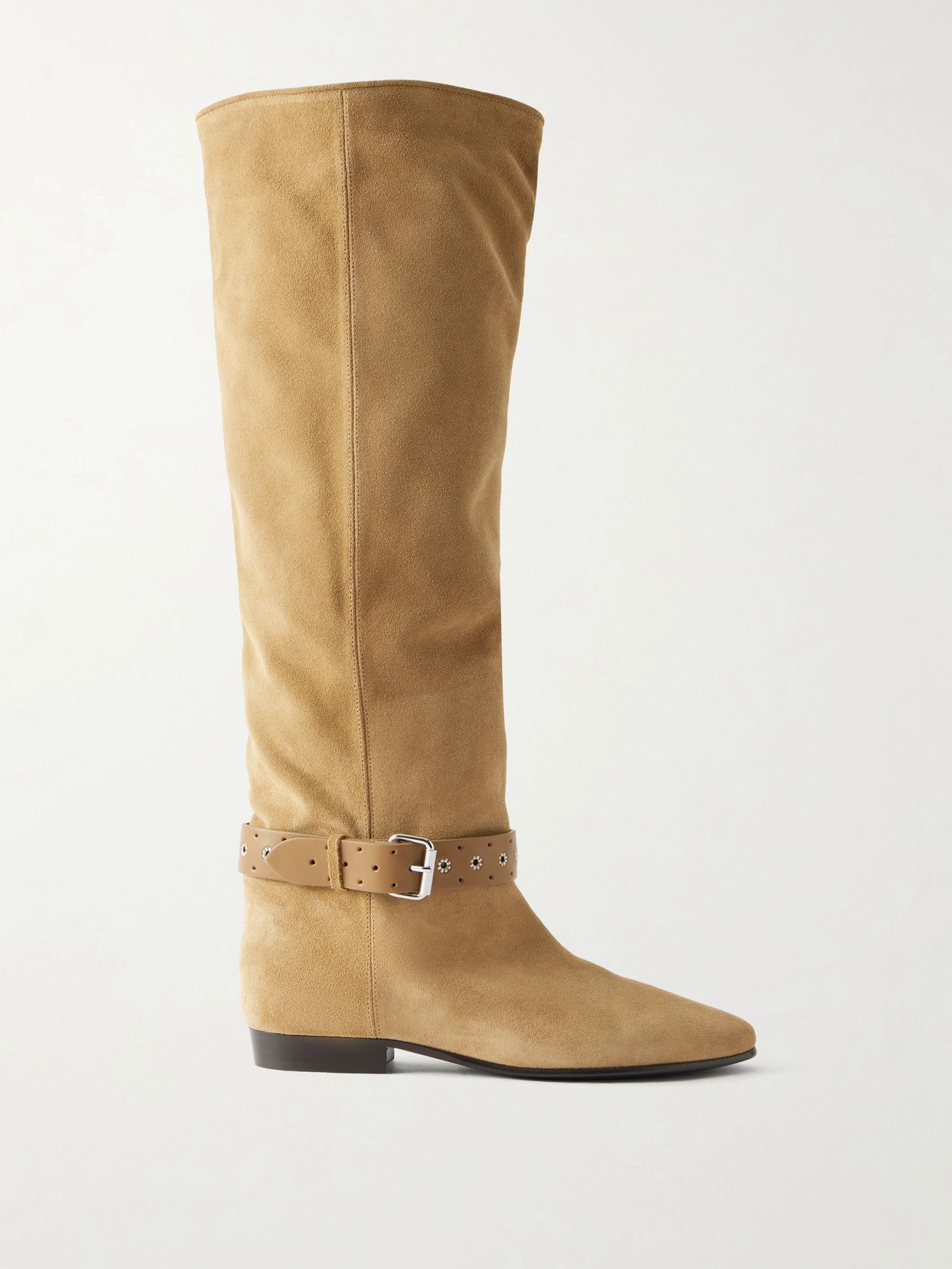 rilton eyelet embellished leather trimmed suede knee boots