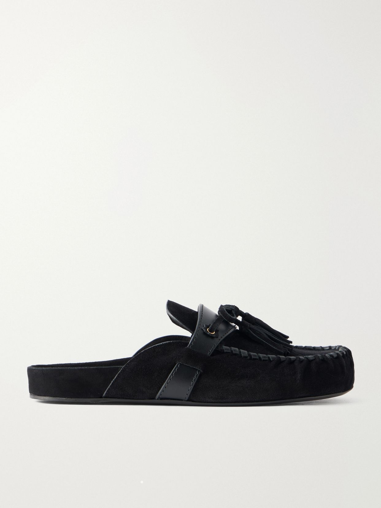 Malvin tasseled leather-trimmed suede mules